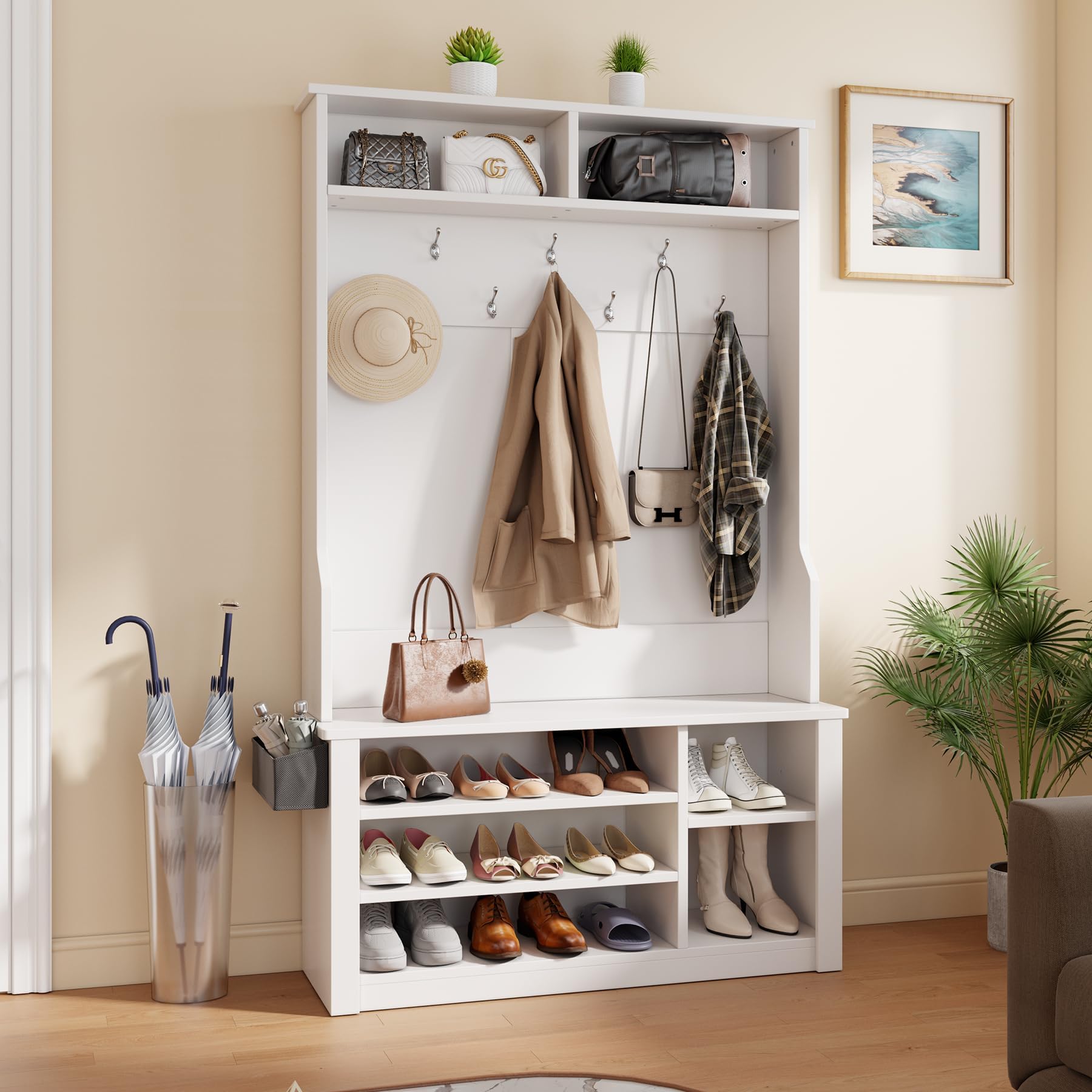 Hall Tree with Bench and Shoe Storage, Entryway Bench with
