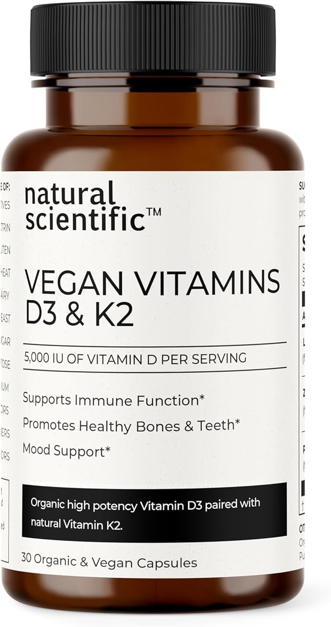 Organic Vitamin D3 & K2 Supplement 5000 IU - Vegan Vitamin D Supplement for Bone, Muscle and Immune Health - Gluten-Free, Non-GMO - 30 Capsules - Premium Dietary Supplement