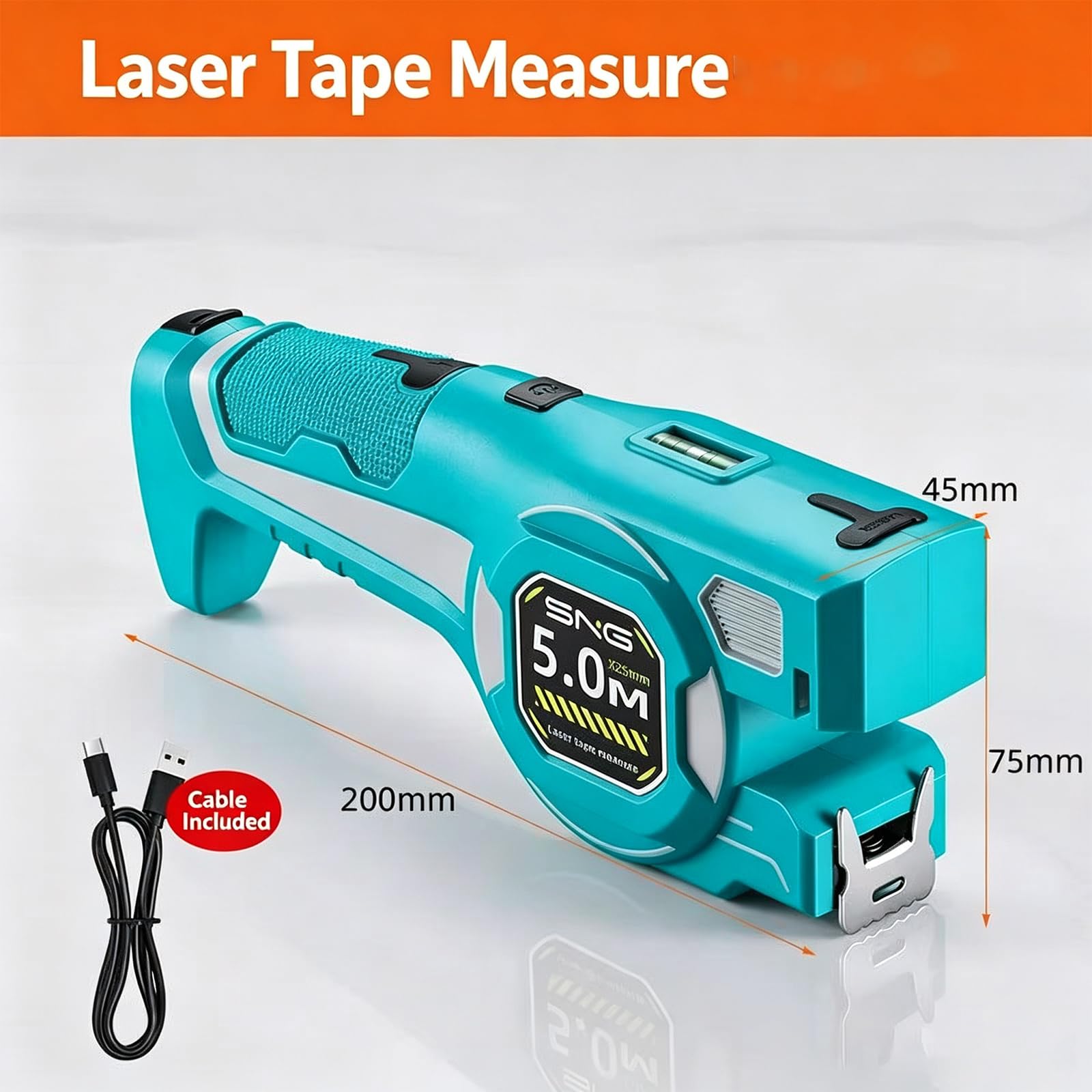 Cinta Métrica 2 En 1 Con Guía Láser, Cinta Métrica Bloqueo Automático (Blue)