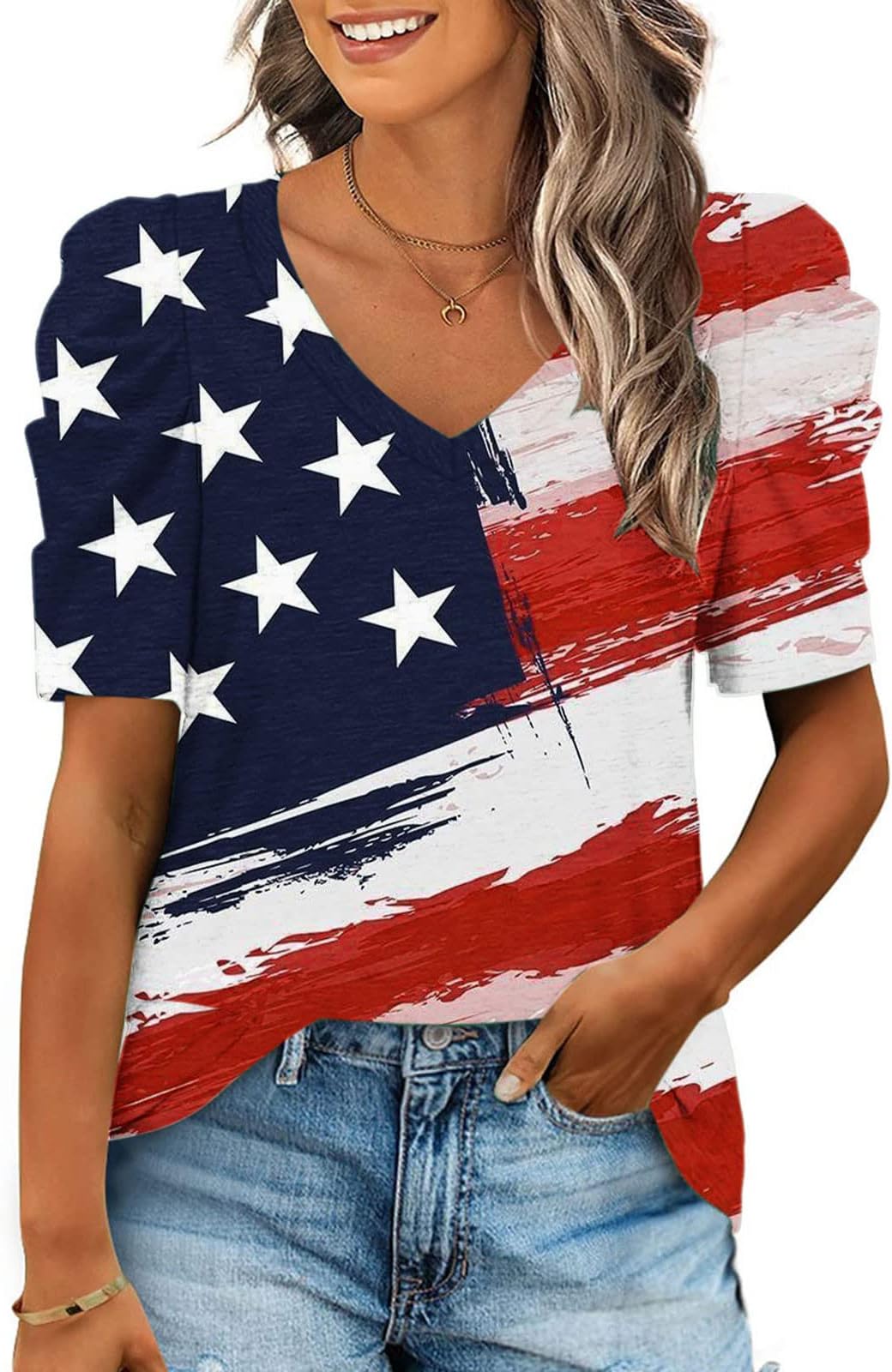 WirziisIndependence Day Fashion Women Casual Puff Sleeve Short Sleeve V-Neck Printed Tops Blouse