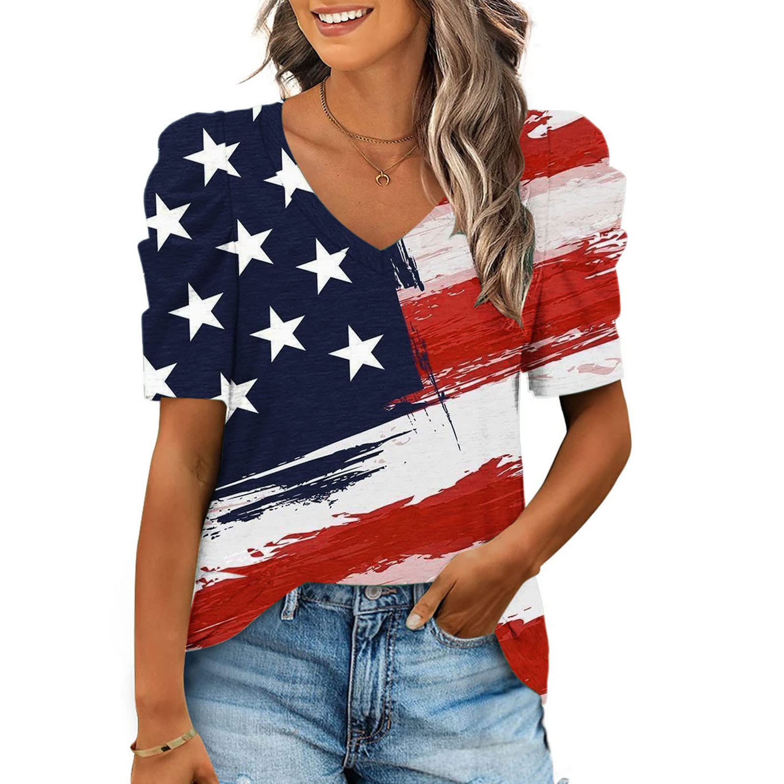 WirziisIndependence Day Fashion Women Casual Puff Sleeve Short Sleeve V-Neck Printed Tops Blouse