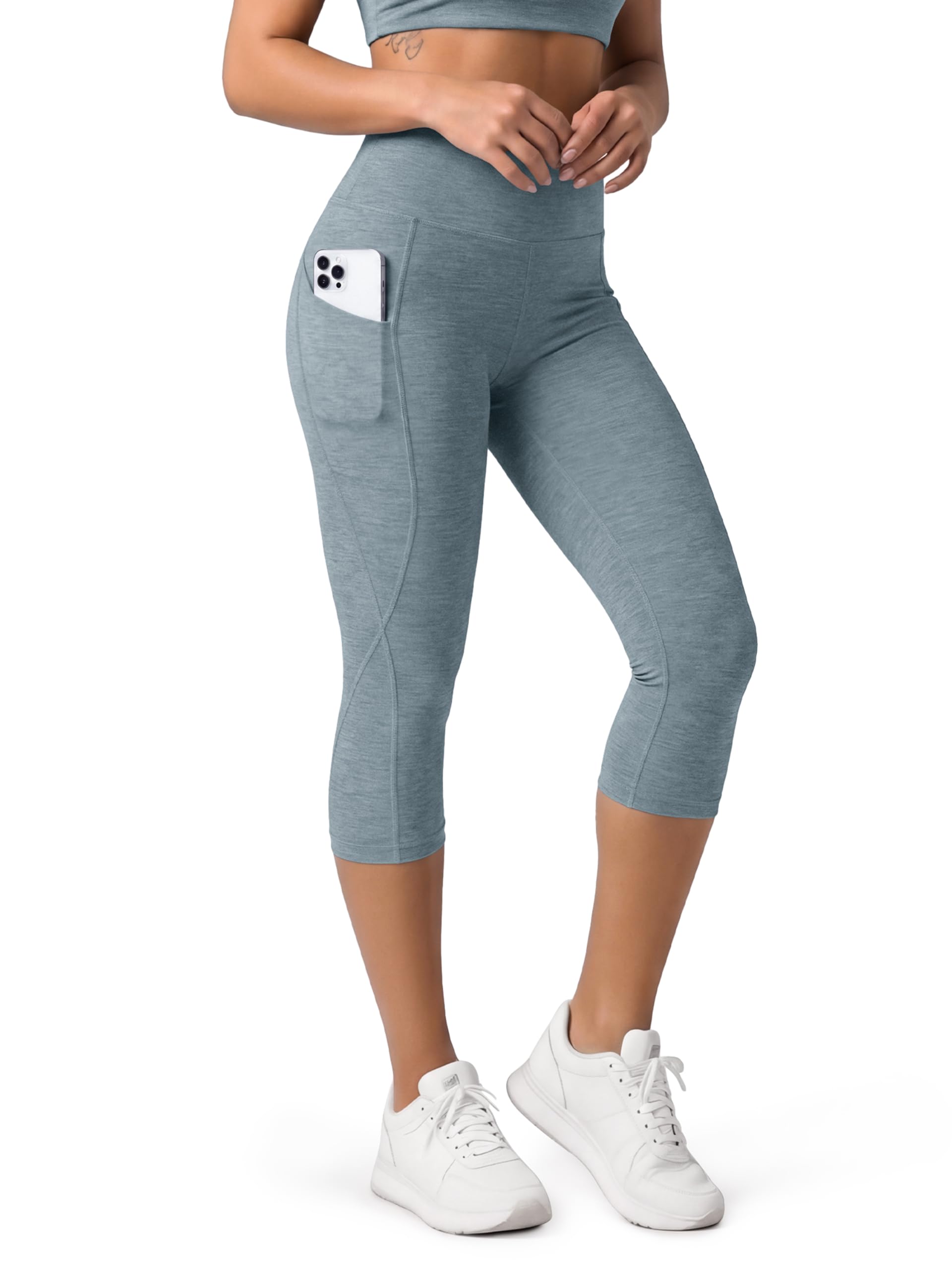 ODODOS Women's High Waisted Yoga Capris with Pockets, Tummy Control Non See Through Workout Athletic Running Capri Leggings