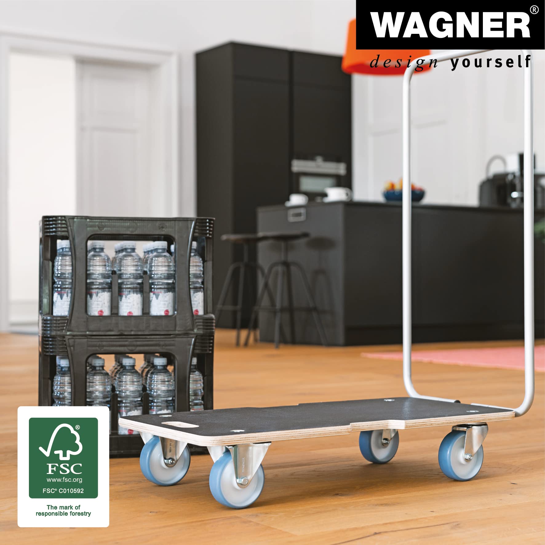 WAGNER Transportroller Transporthilfe 1345 I Schichtholz mit Grip I 74 x 36,5 x 11 cm, Tragkraft 300 kg I Stapelbehälter, Bügel klappbar, Griffe, Ladungssicherung I Möbelroller I FSC® I Made in DE