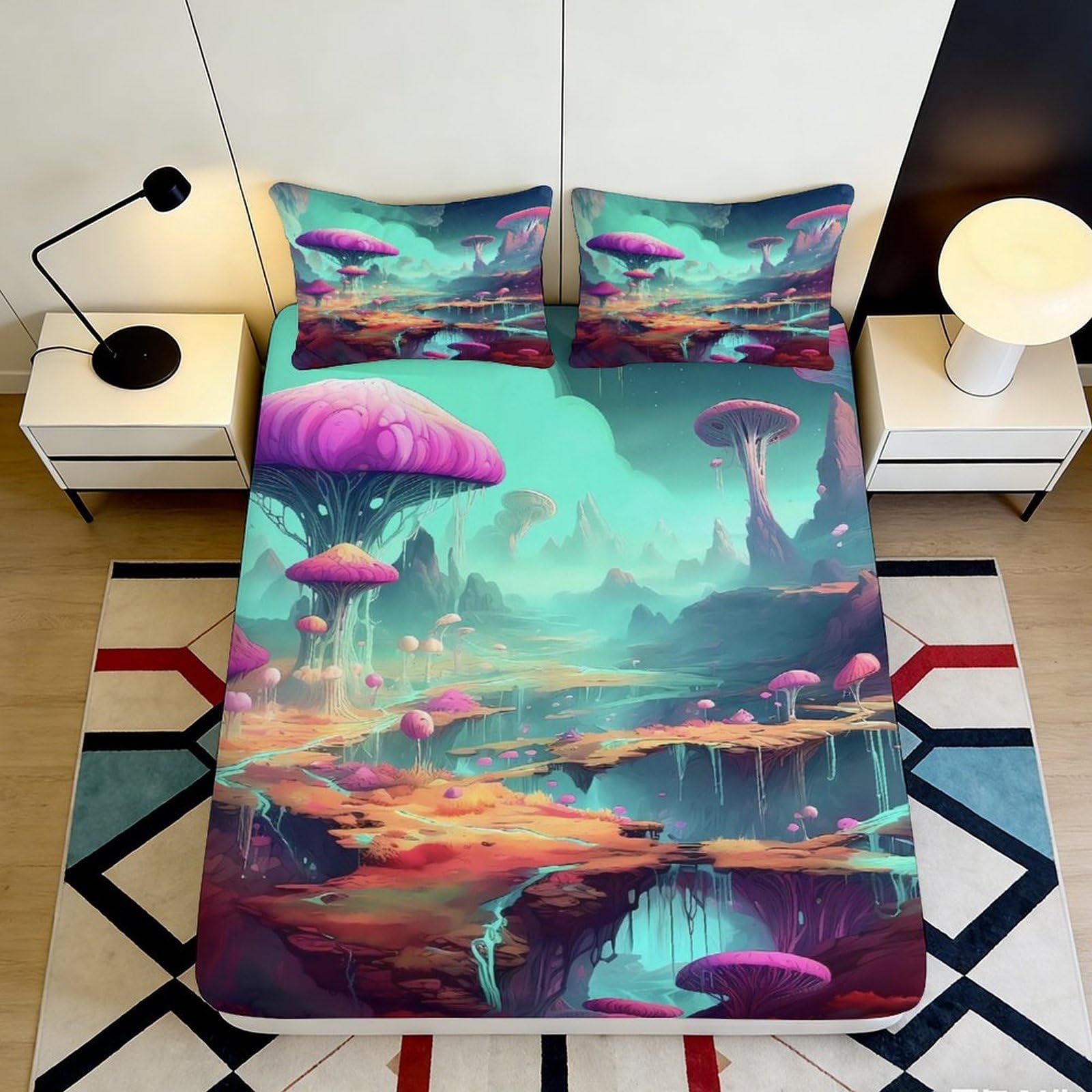 3D Printed Fantasy Mushroom Forest Fitted Sheet Microfiber Soft Bed Cover for Adults Teens Bedroom Dorm Decor 140x200x25cm