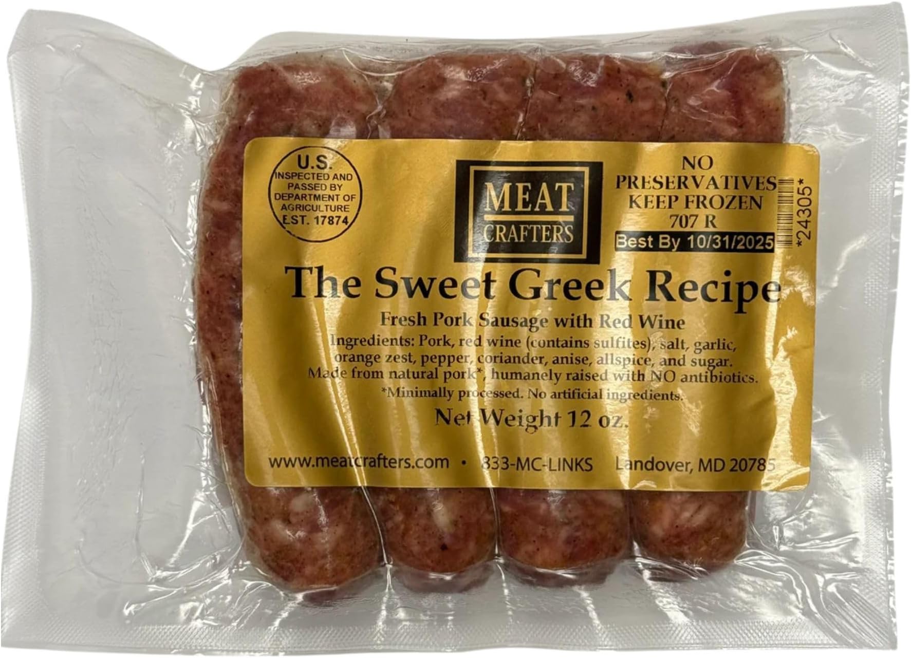 MeatCrafters Sweet Greek Pork Sausage, Minimally Processed Natural Pork Meat Sausages, No Artificial Ingredients, Gluten-Free, 12oz (4 Pack, 16 Total Links)