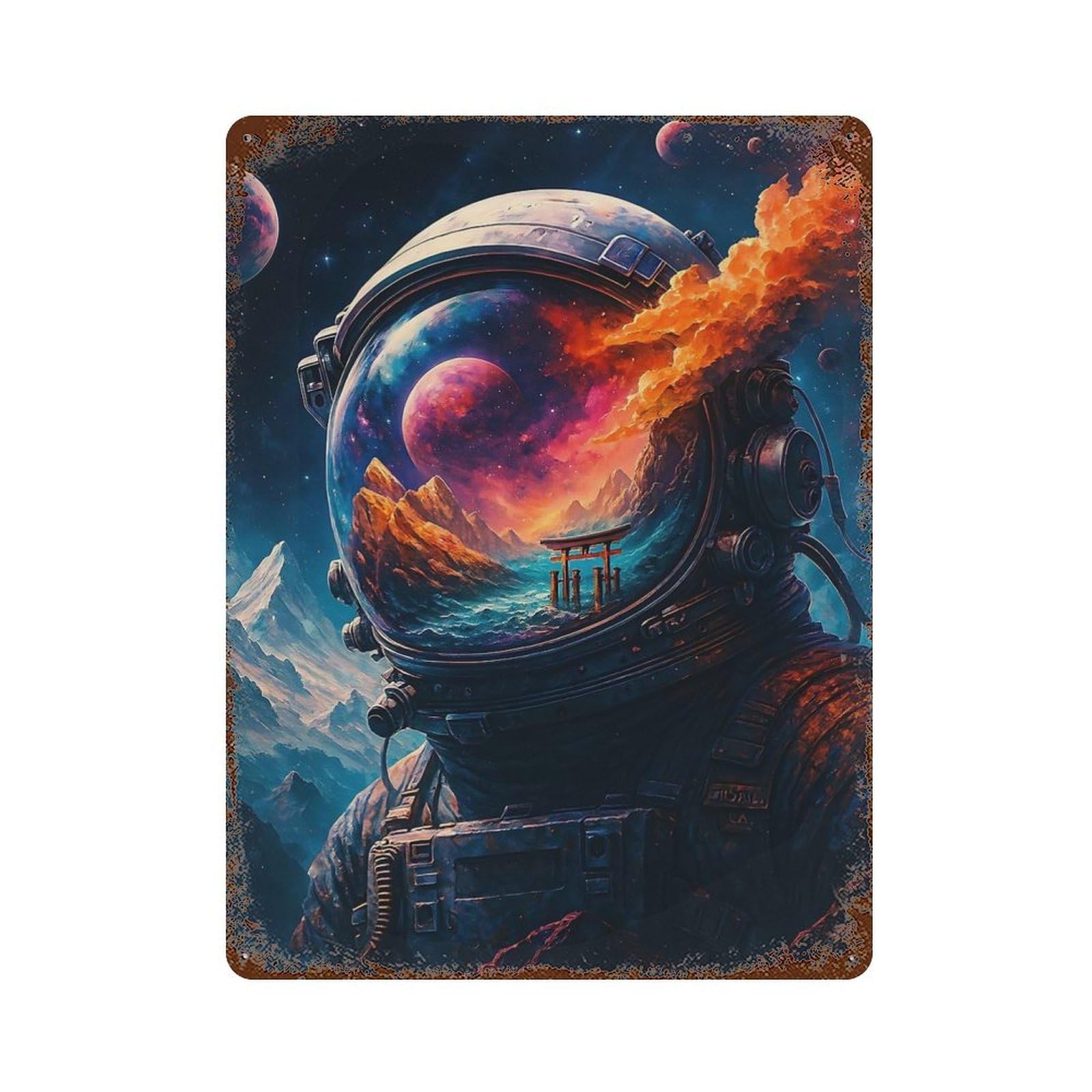 Astronaut Helmet Reflecting Landscape And Space 15.7"x11.8" Vintage Rust Metal Sign, Novelty Wall Decor for Living Room, Hallway And Home Decor