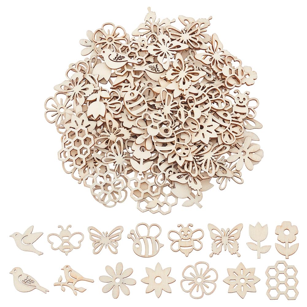 GOMAKERER 150 Pcs 15 Styles Unfinished Wood Cutouts