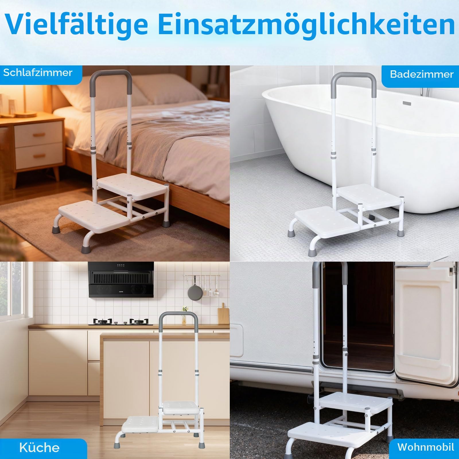 2-stöckige Badewannentreppe mit Griff, Badewannentreppe zum Ein- und Aussteigen aus der Badewanne, robuste Stufen für ältere Menschen, 5-stufige Höhenverstellung, unterstützt bis zu 136 kg