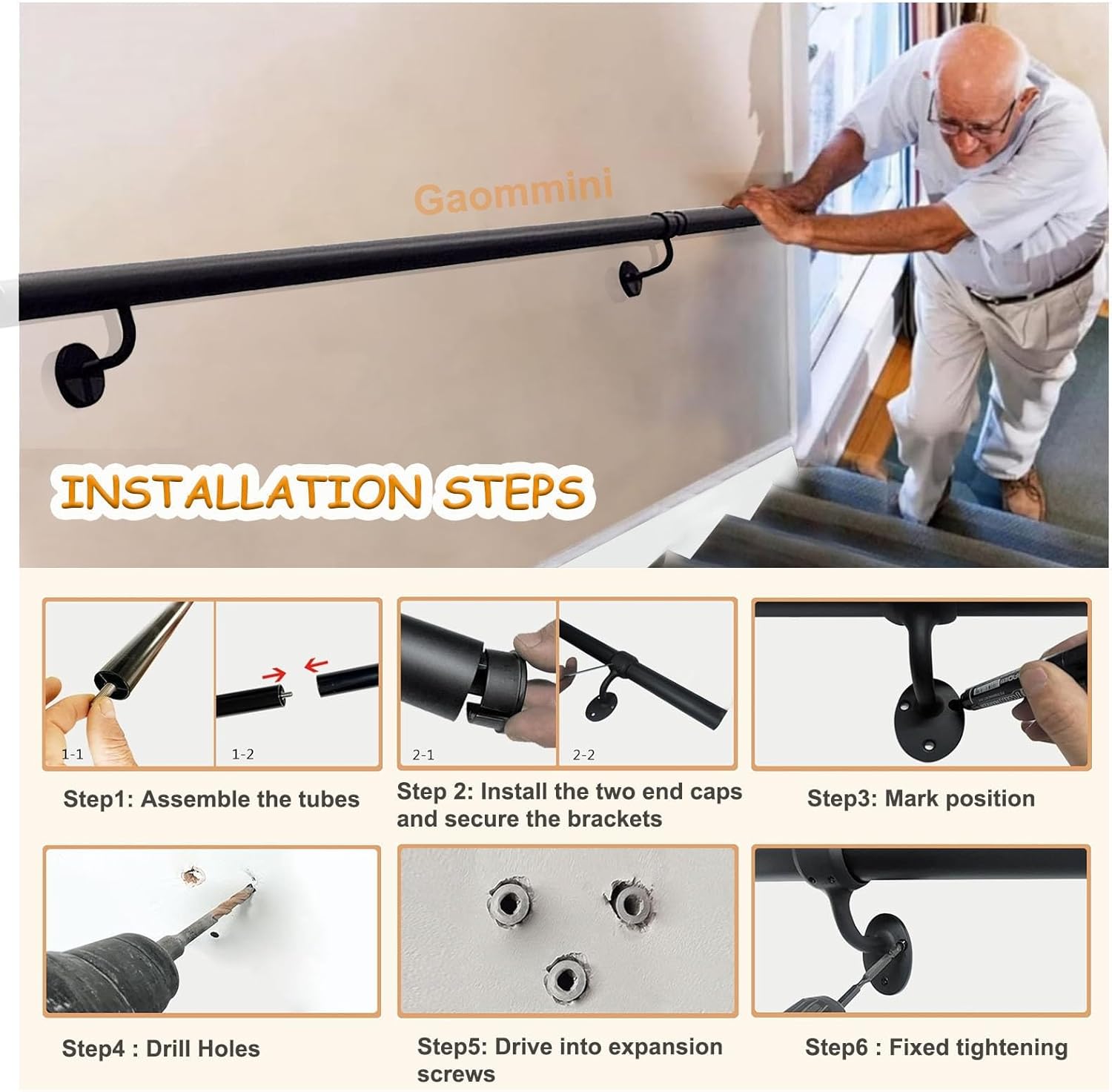 Black Stair Rail Safety Hand Rail Indoor Outdoor Grab Bar Railing Wall Mounted Staircase Handrail for Corridor Loft Porch Support Rods - 1m 150cm 240cm 3m 4m 6m(3.3ft/100cm)