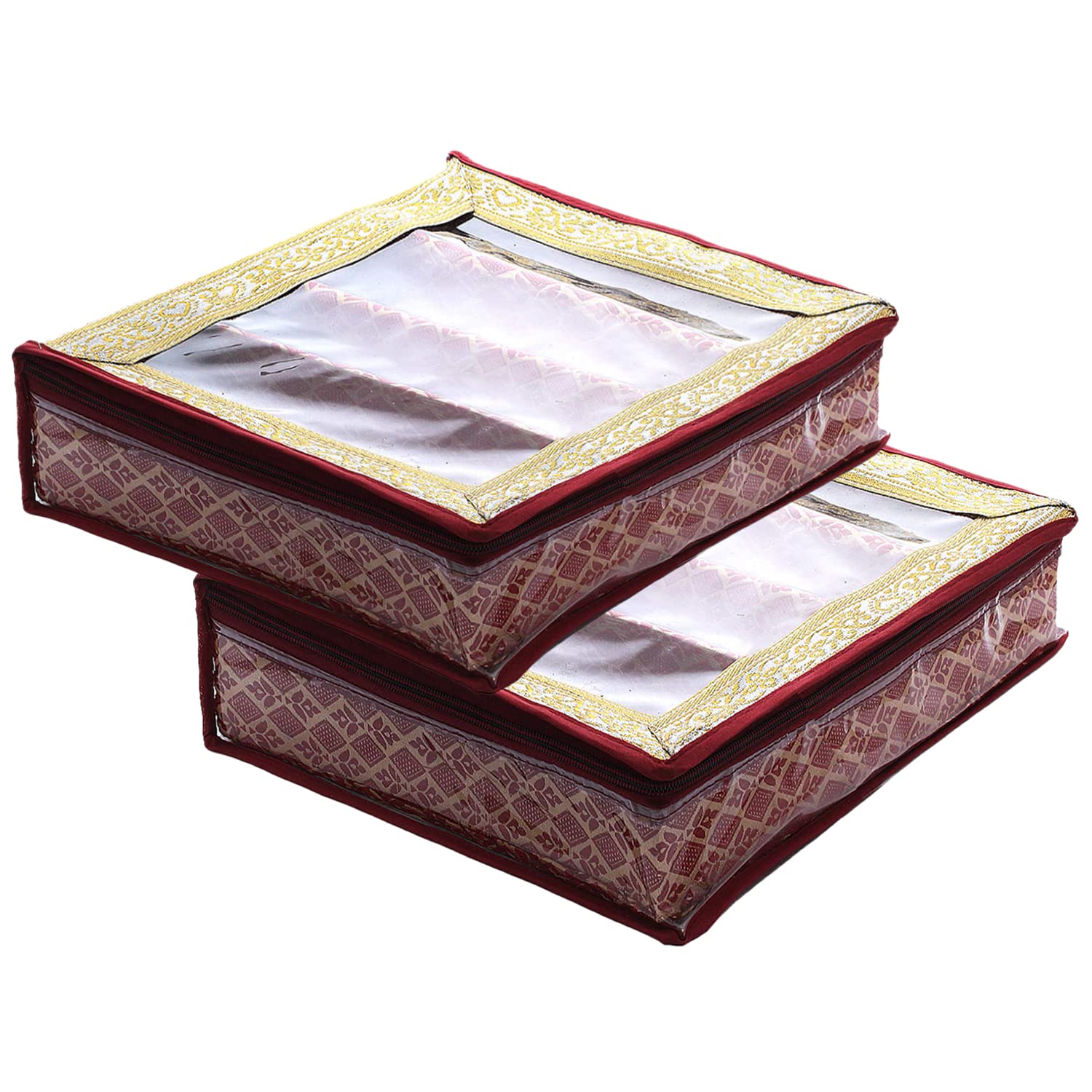 Kuber Industries Multipurpose Tribal Design Laminated 4 Rod Bangle Box/Organizer/Case With Tranasparent Top - Pack of 2 (Maroon)-47KM0519