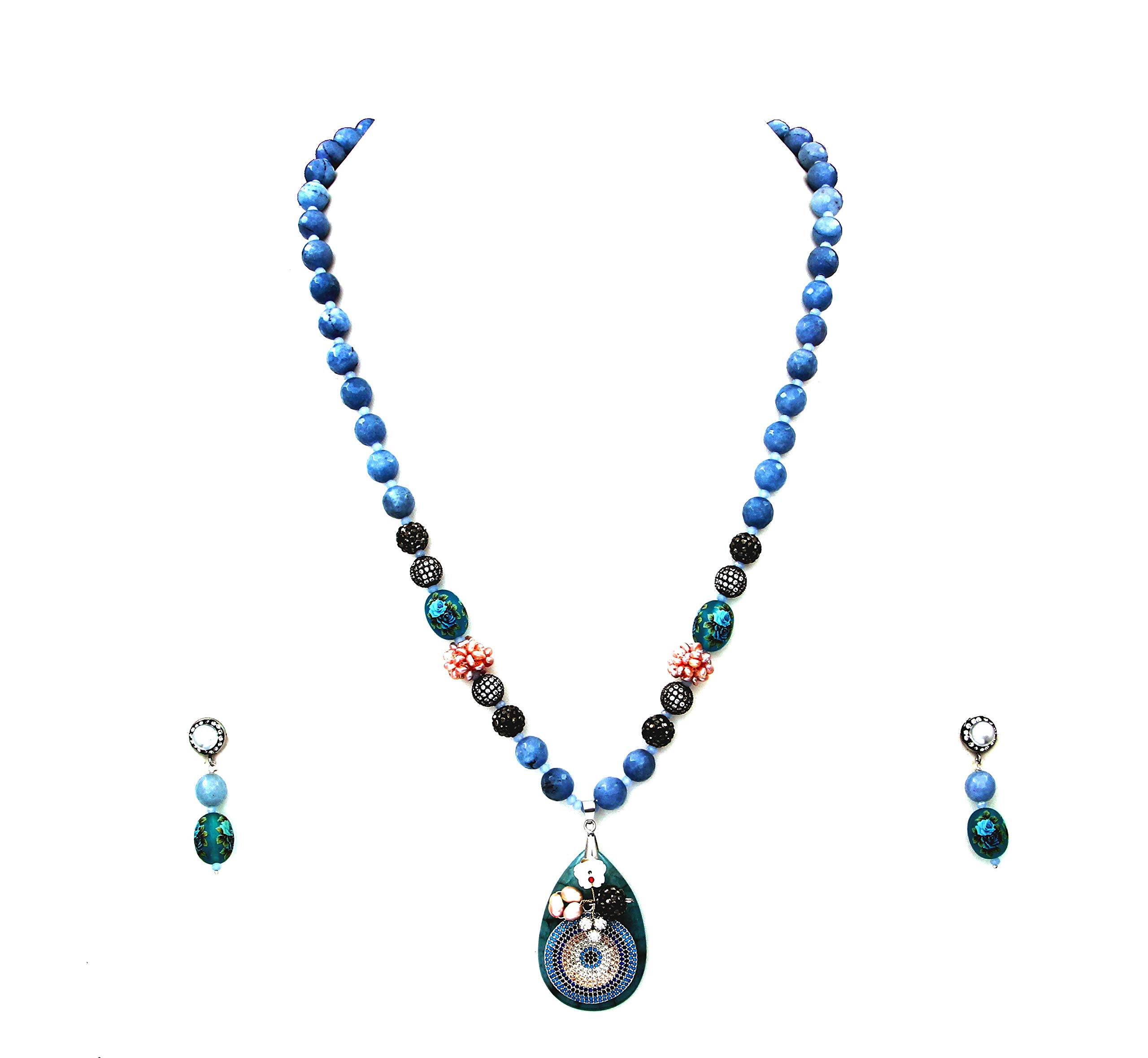 Collar de piedras semipreciosas de varias hebras estilo étnico con pendientes para mujer 3