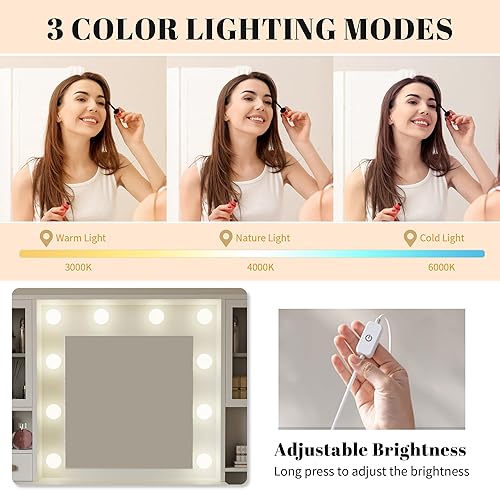 Miniatura 3 de Tocador de maquillaje de 48.8 pulgadas, escritorio grande con espejo y luces, escritorio de maquillaje con estación de carga, tocador con 7 cajones