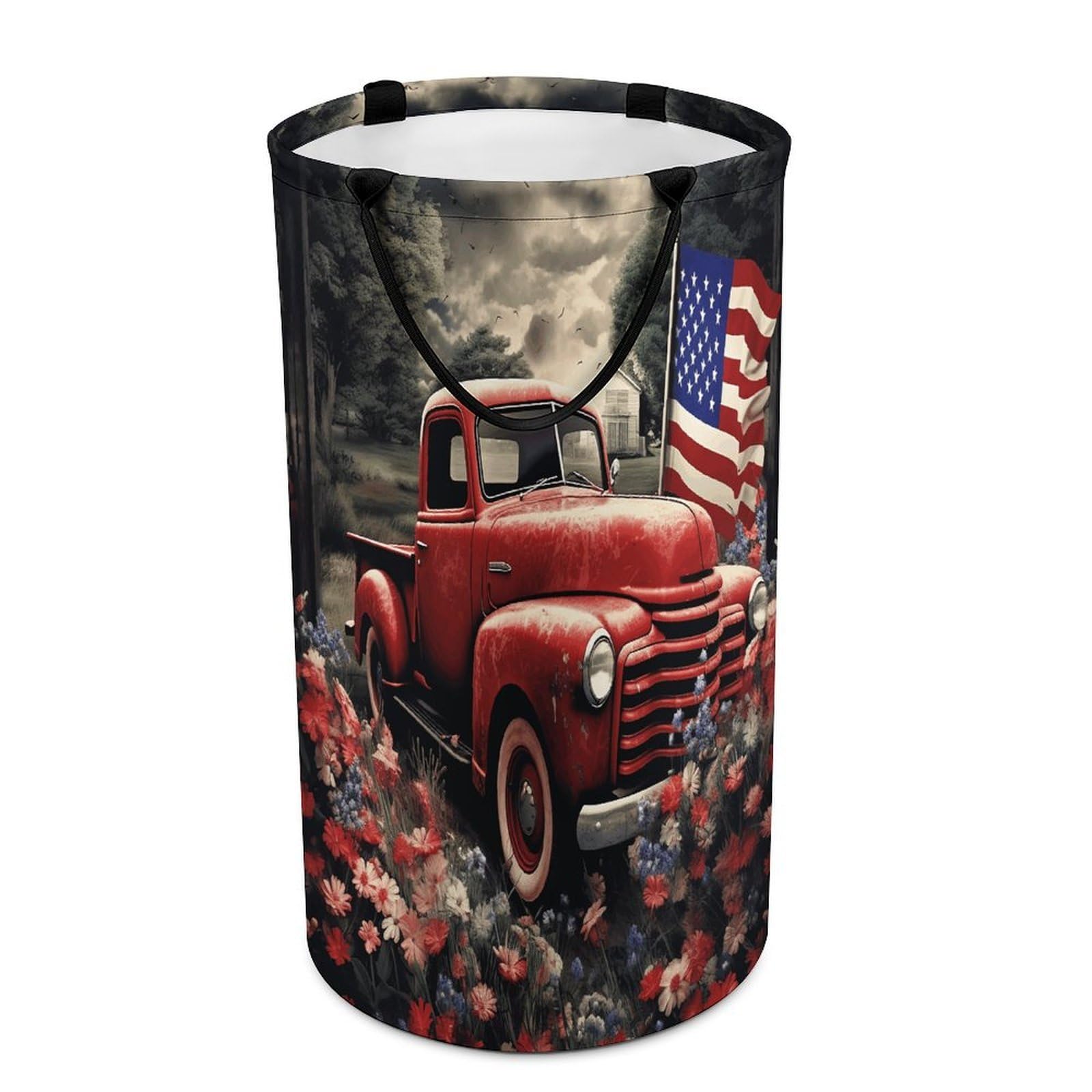 4th Of July Patriotic Old Red Truck Laundry Basket Large Foldable Laundry Hamper with Handles Freestanding Collapsible Clothes Basket Waterproof Portable Dirty Clothes Hamper for Bathroom 86L