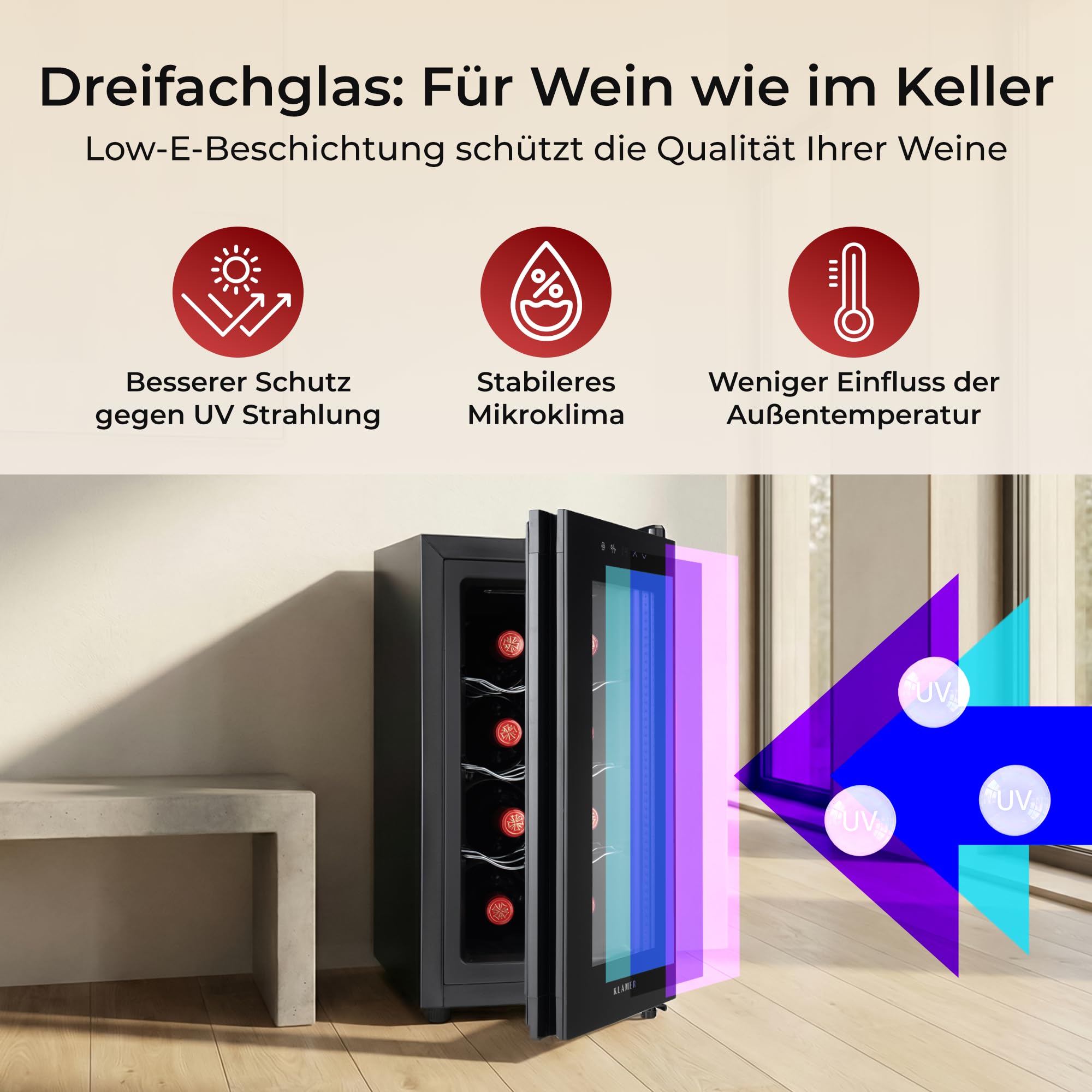 KLAMER Weinkühlschrank 8 Flaschen, Mini Kühlschrank 21 L, 5–18°C Präzisionskühlung, Thermoelektrisch, UV-Schutz Glastür, Touch Display, Weinkühler leise 35 dB - 3
