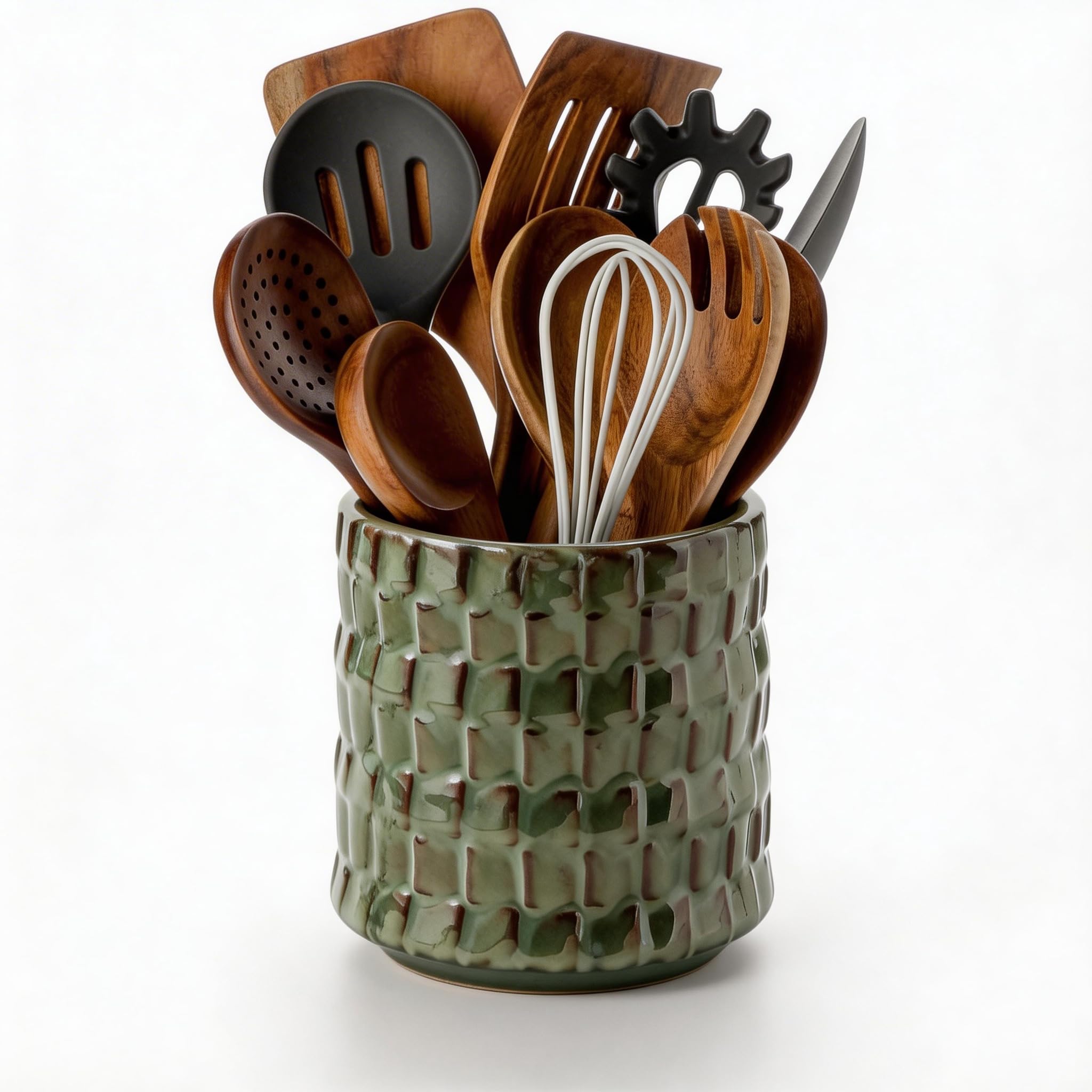 Photo 1 of Utensil Crock Kitchen Utensil Holder, 5 Inches Small Ceramic Utensil Holder for Countertop, Unique Embossed Checkered Pattern, Seaweed Green Cooking Utensil Crocks for Kitchen, Home Decor Gift