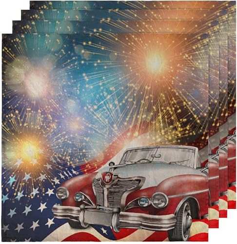 Miniatura 5 de Juego de 4 servilletas de tela con bandera del Día de la Independencia de 20 x 20 pulgadas, servilletas de tela para automóvil, fuegos artificiales,