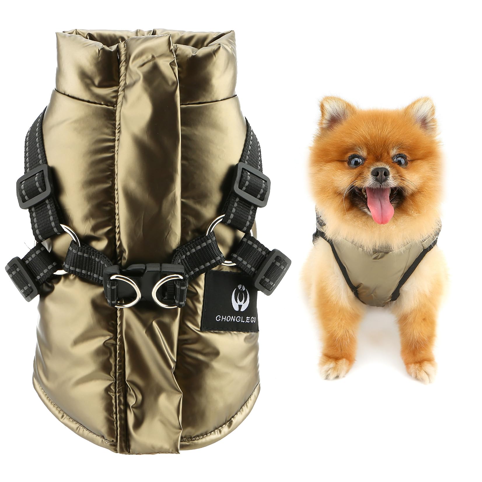 SMALLLEE_LUCKY_STORE Fleece Lined Waterproof Dog Coat for Small Dogs Reflective Warm Winter Puppy Vest Jacket with D-Ring Adjustable Turtleneck Padded Clothes Chihuahua Yorkie Outfit Gold L