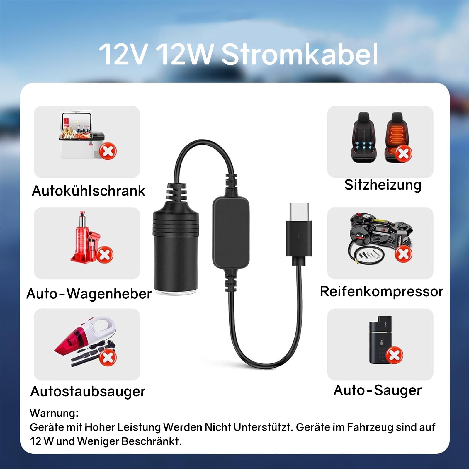 Powice Adapter USB C do gniazda zapalniczki samochodowej, 12 W, wtyczka USB C na 12 V, adapter do gniazda zapalniczki samochodowej, streamingu, lusterka wstecznego, kamery rozdzielczej, GPS, taśmy