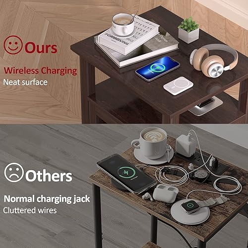 Miniatura 9 de FAGAGA Mesa auxiliar con estación de carga, mesa auxiliar con 2 tomas de corriente y 2 puertos USB, mesita de noche con almacenamiento, mesita de