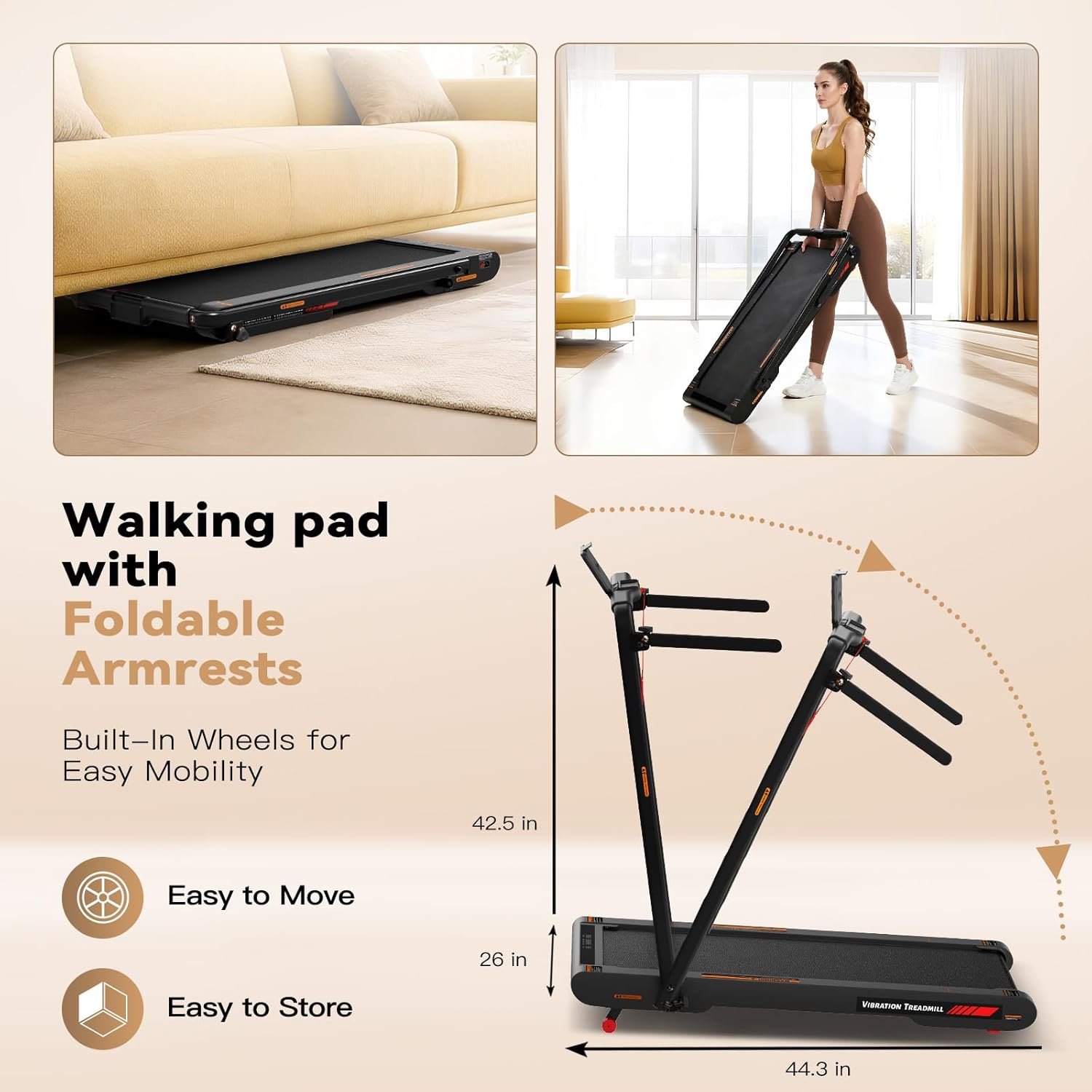 Treadmill with foldable armrests and built-in wheels for easy mobility and storage