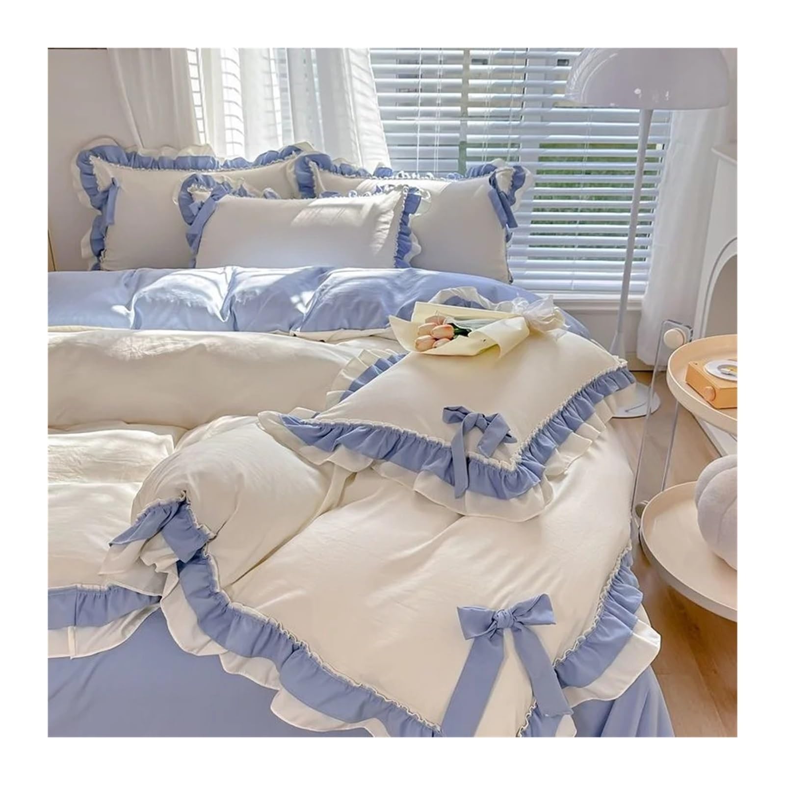 Housse de couette et taie d'oreiller double couche blanche bleue 150x200cm
