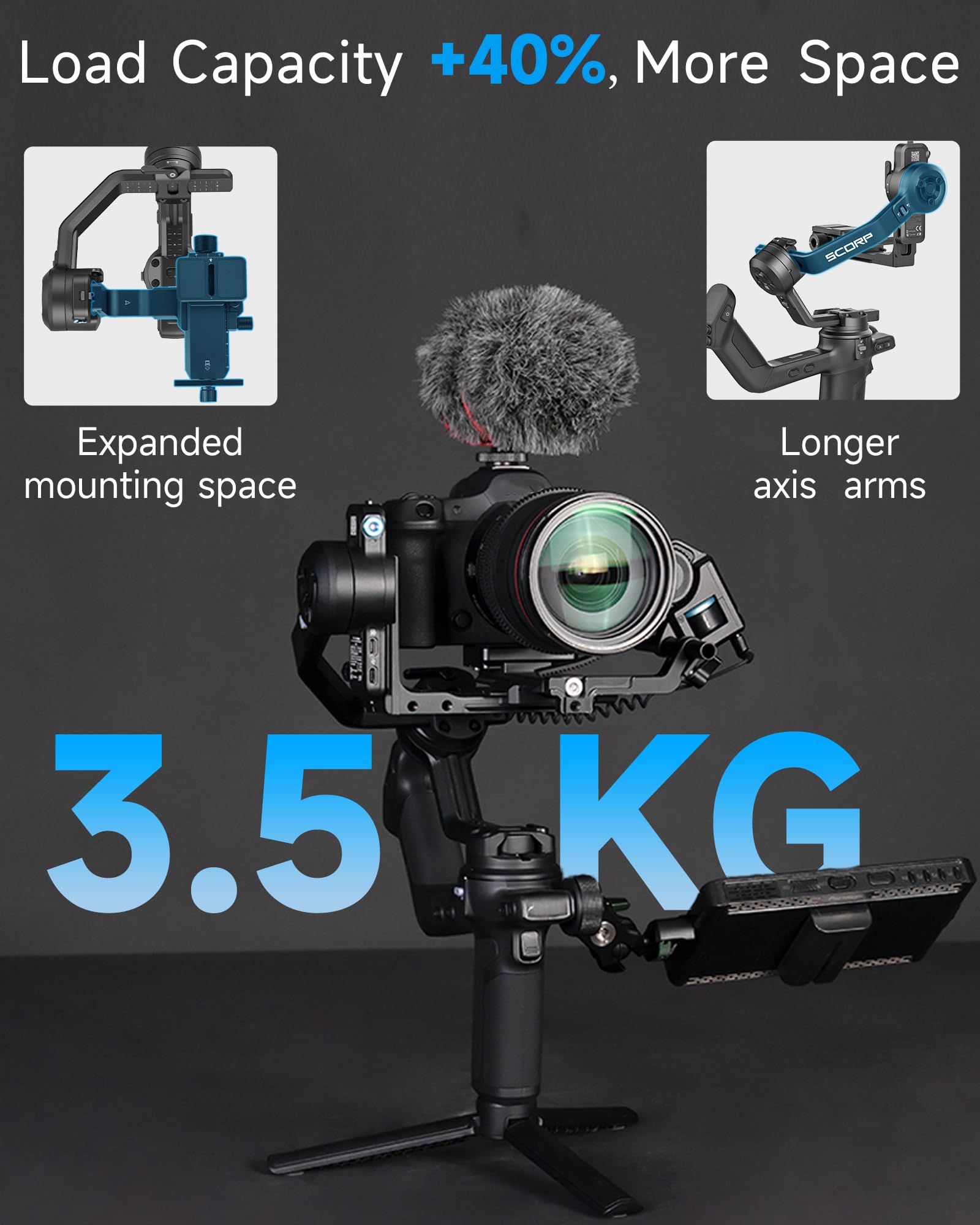 Feiyutech SCORP 3 Kit [oficial] estabilizador de cardán para cámara con seguimiento de IA 4.0 integrado, carga útil de 3.5 kg, mango desmontable con control inalámbrico de 12 m, control Bluetooth