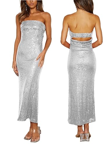 Women Strapless midi Sequin Dresses Bodycon Sleeveless Wedding Guest Sparkly