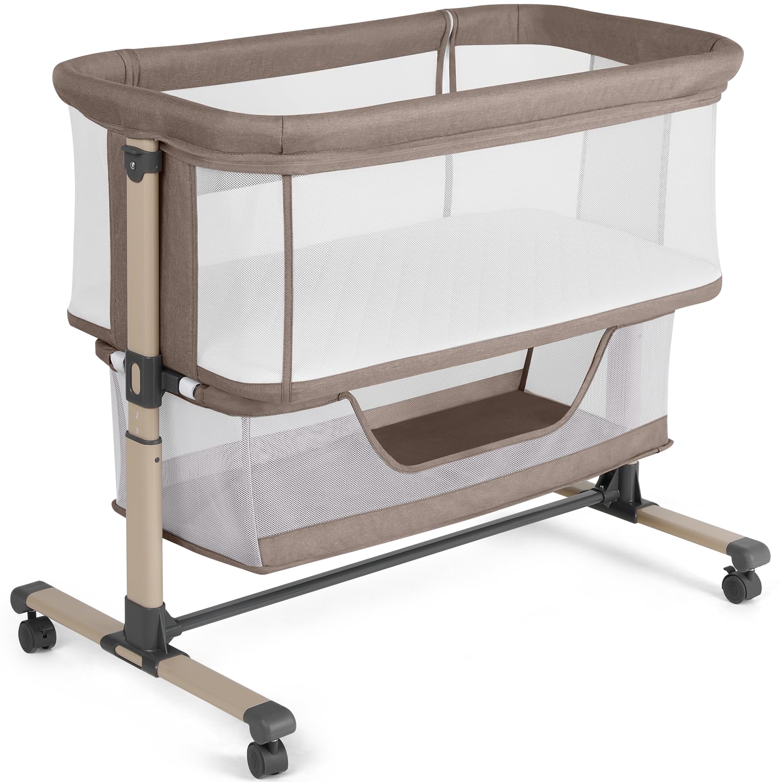 Cowiewie Bassinet Bedside Sleeper, Breathable and Adjustable, Khaki