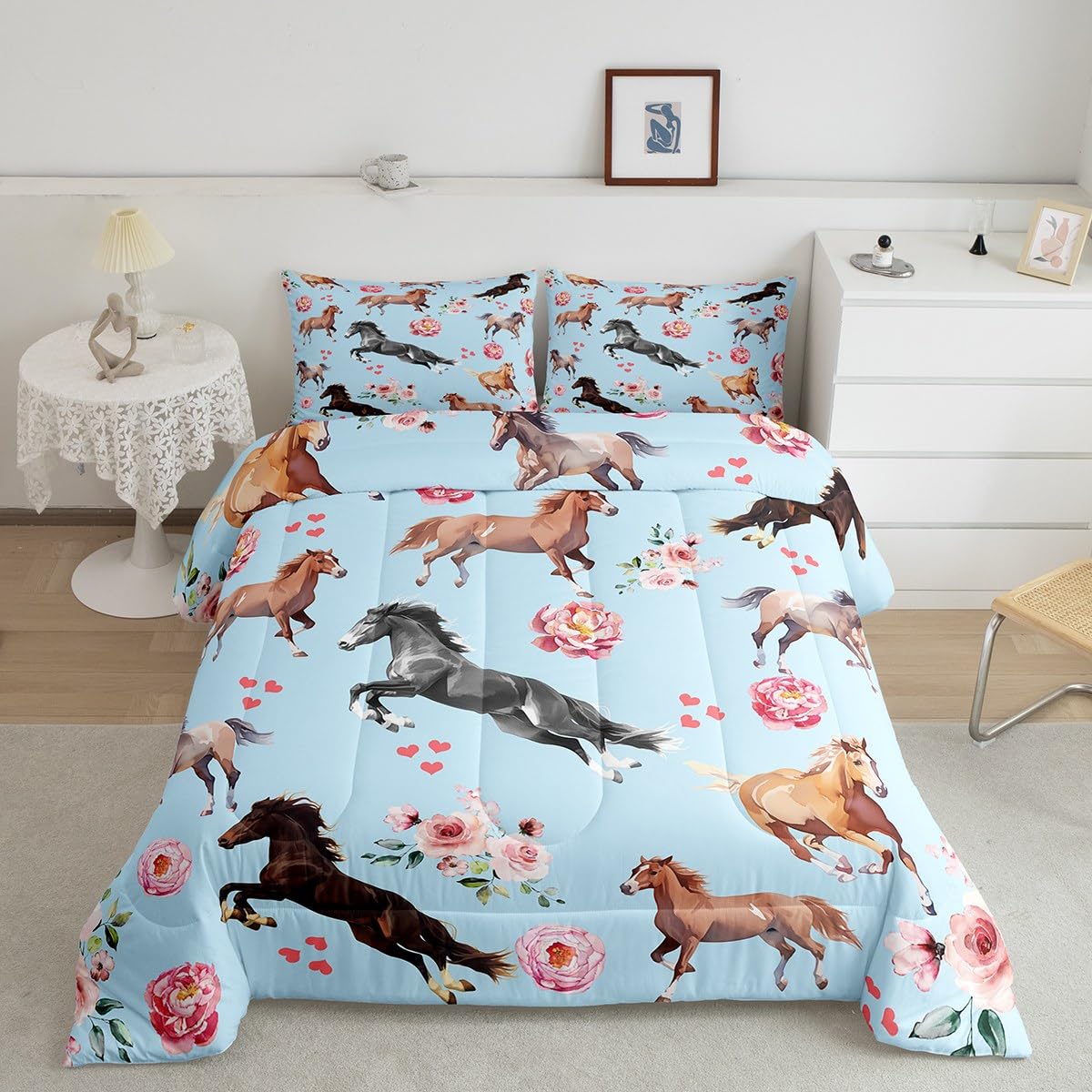 Horse Comforter Set King for Cowboy Cowgirl,Southwest Rose Petal Bedding Set for Youth Adult,Rustic Horse Quilt Set for Bedroom Decor,Vintage