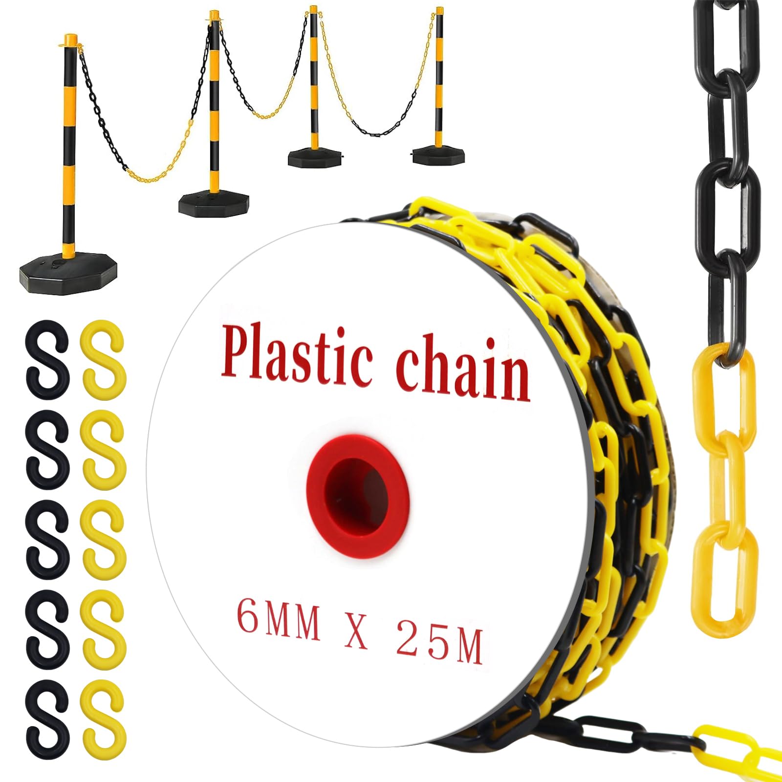 Cadena de Plástico Barrera Ø6mm Negro y Amarillo 25m con 10 Ganchos en S