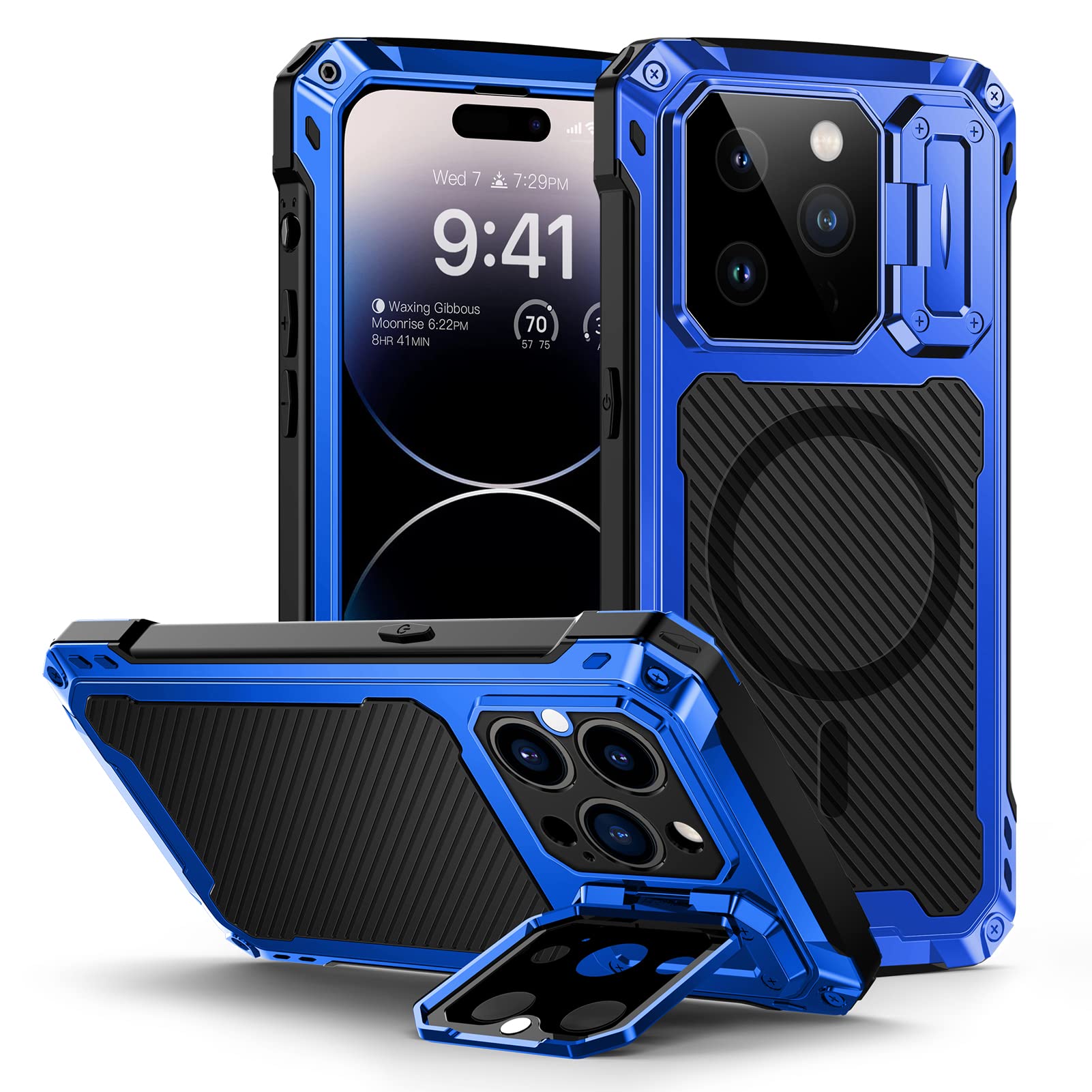 Lanhiem Magnetic for iPhone 14 Pro Metal Case, [Built-in Camera Kickstand & Glass Screen Protector] Heavy Duty Full Body Rugged Protective Military Magsafe Cover for iPhone 14 Pro 6.1" (Blue)