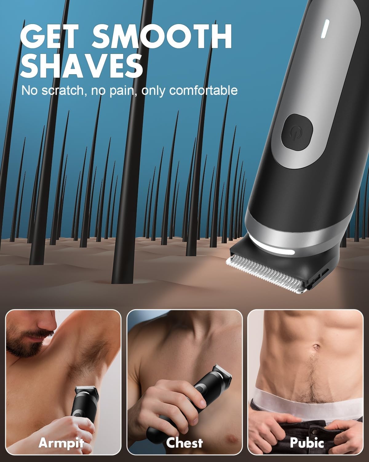Electric Body Hair Trimmer for Men - Pubic Shaver with Ceramic Blades (No Nicks) - Mens Wireless Ball Shaver, Waterproof Wet/Dry Electric Razor, USB Recharge Dock