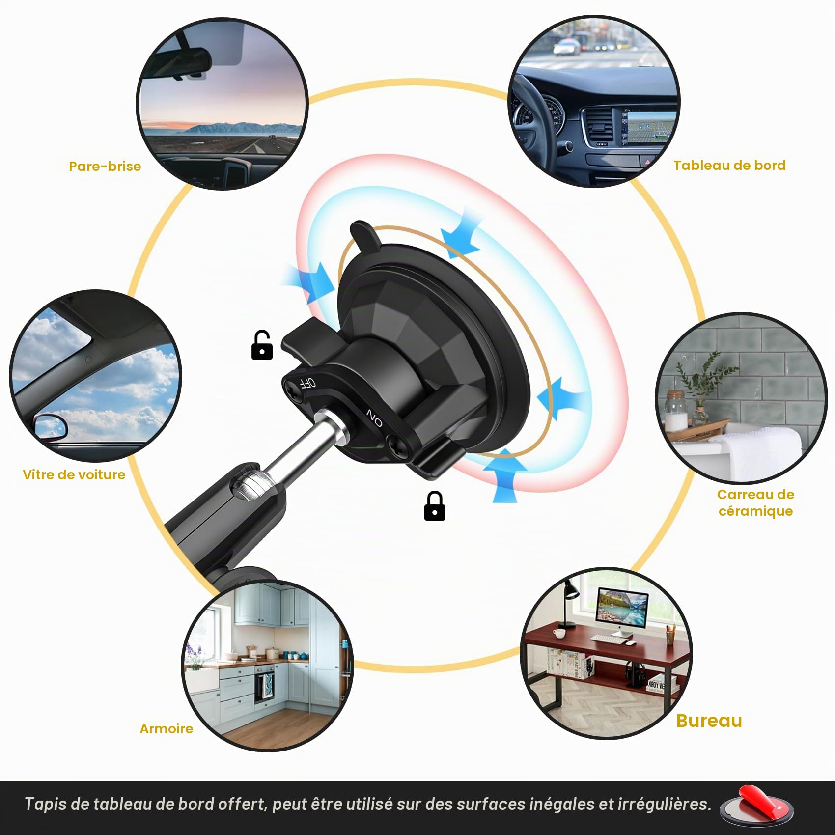Support Tablette Voiture Ventouse Forte [Bras Réglable & Robuste] | Support Tablette Tableau de Bord Pare-Brise Camion pour iPad, Galaxy Tab, Lenovo, Téléphones et Tablets de 4-13"