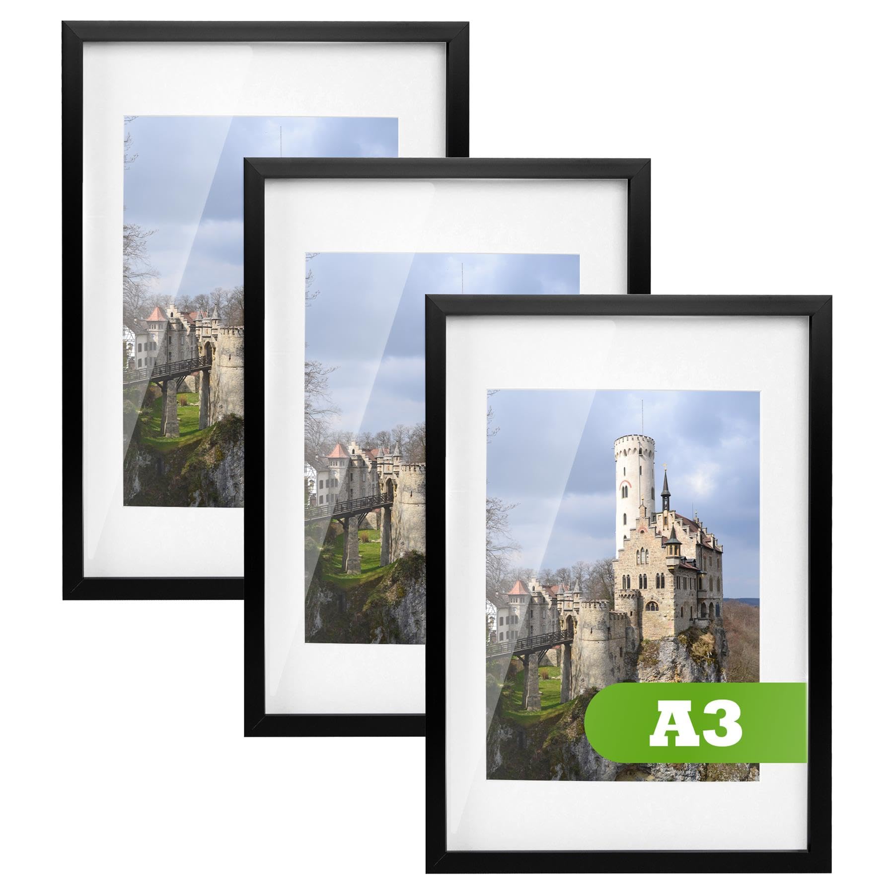 Nicola Spring A3 Photo Frame with A4 Mount - White - Pack of 3 - Acrylic Glass Front