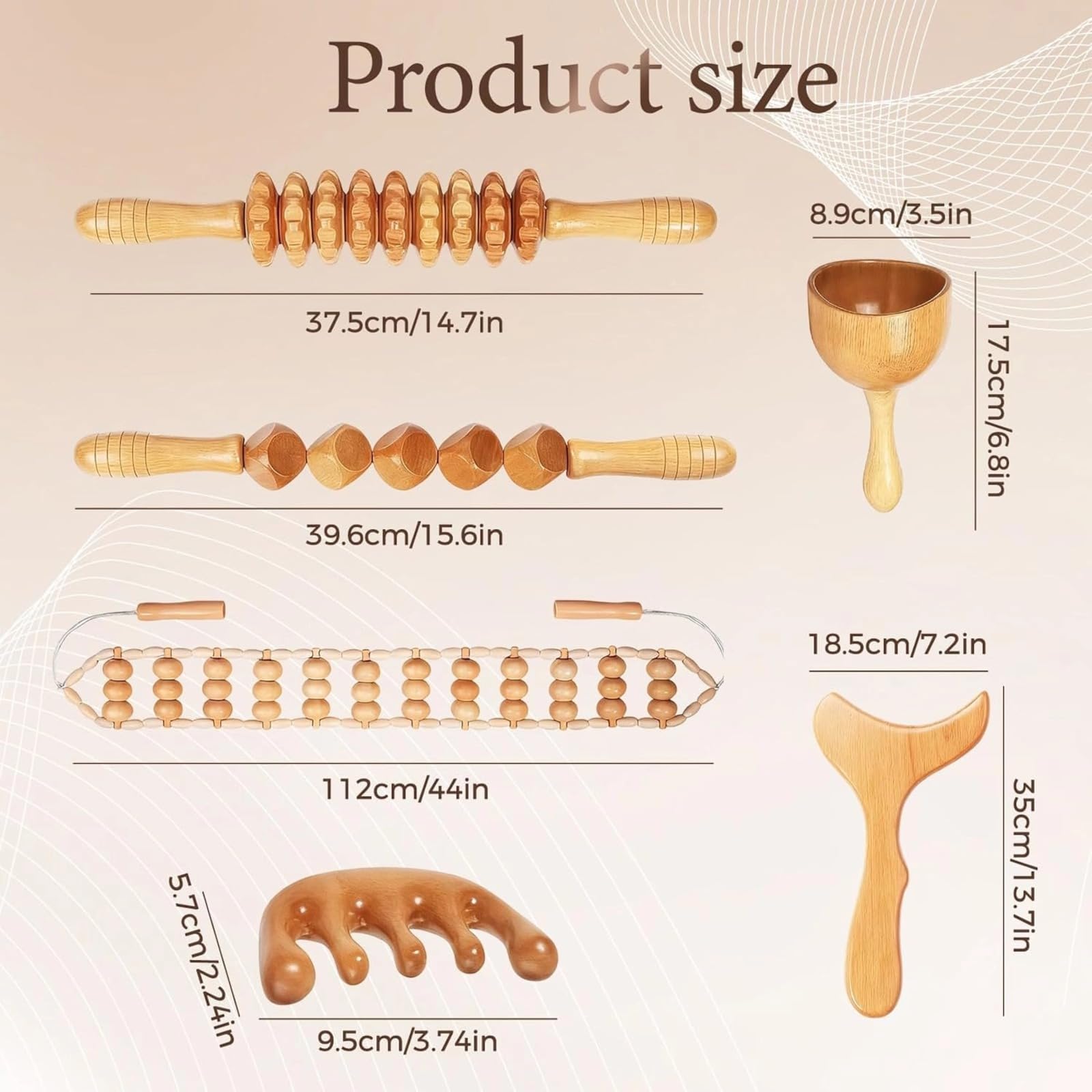 Kit de massage en bois 6 en 1 pour drainage lymphatique et modelage du corps, kit professionnel de madérotérapie, avec rouleau de fascia, planche Gua Sha et corde de massage pour un traitement