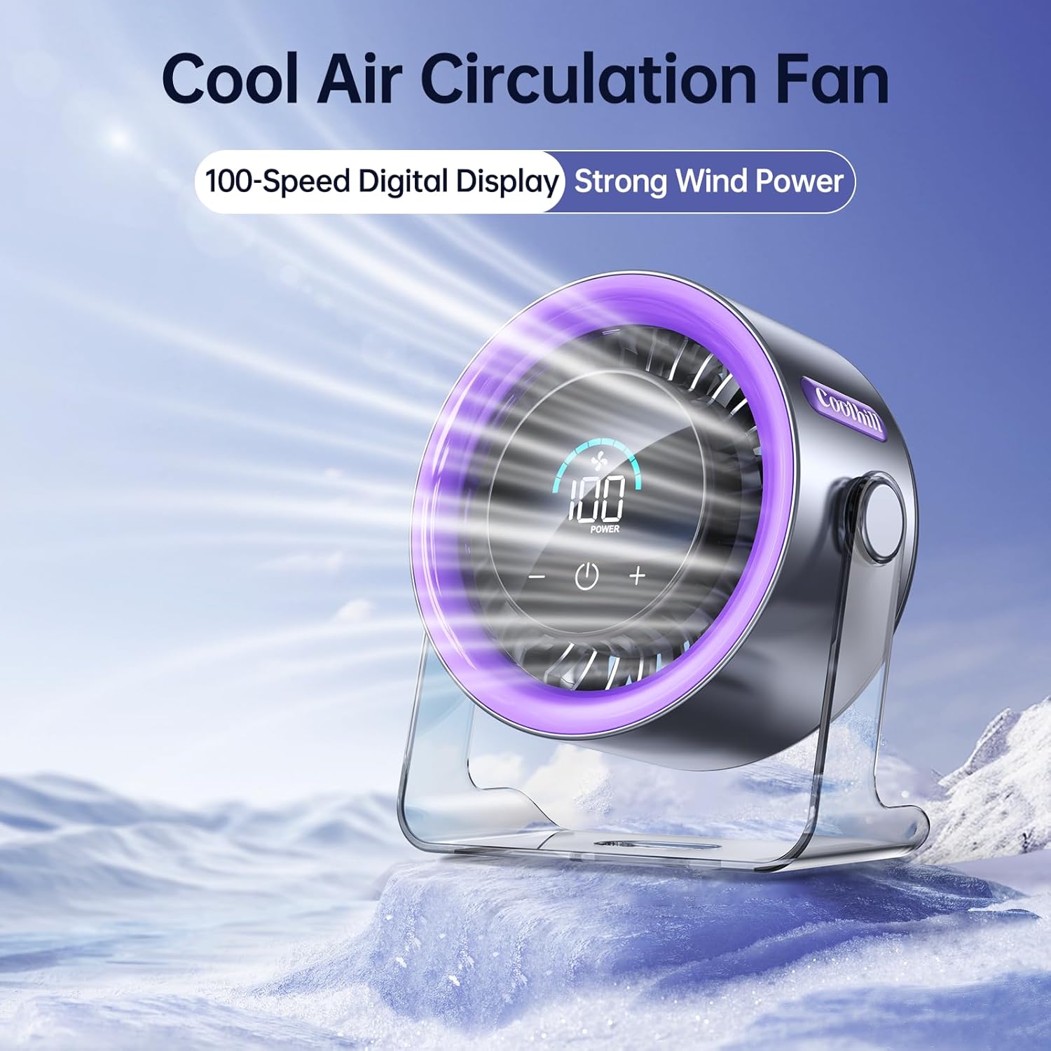 USB Desk Fan for Bedroom: 100 Speeds Digital Display Quiet Table Fan with Turbo Airflow, 120° Rotating Small Rechargeable Battery Desktop Fans for Bedroom Home Office (Purple) - Image 2