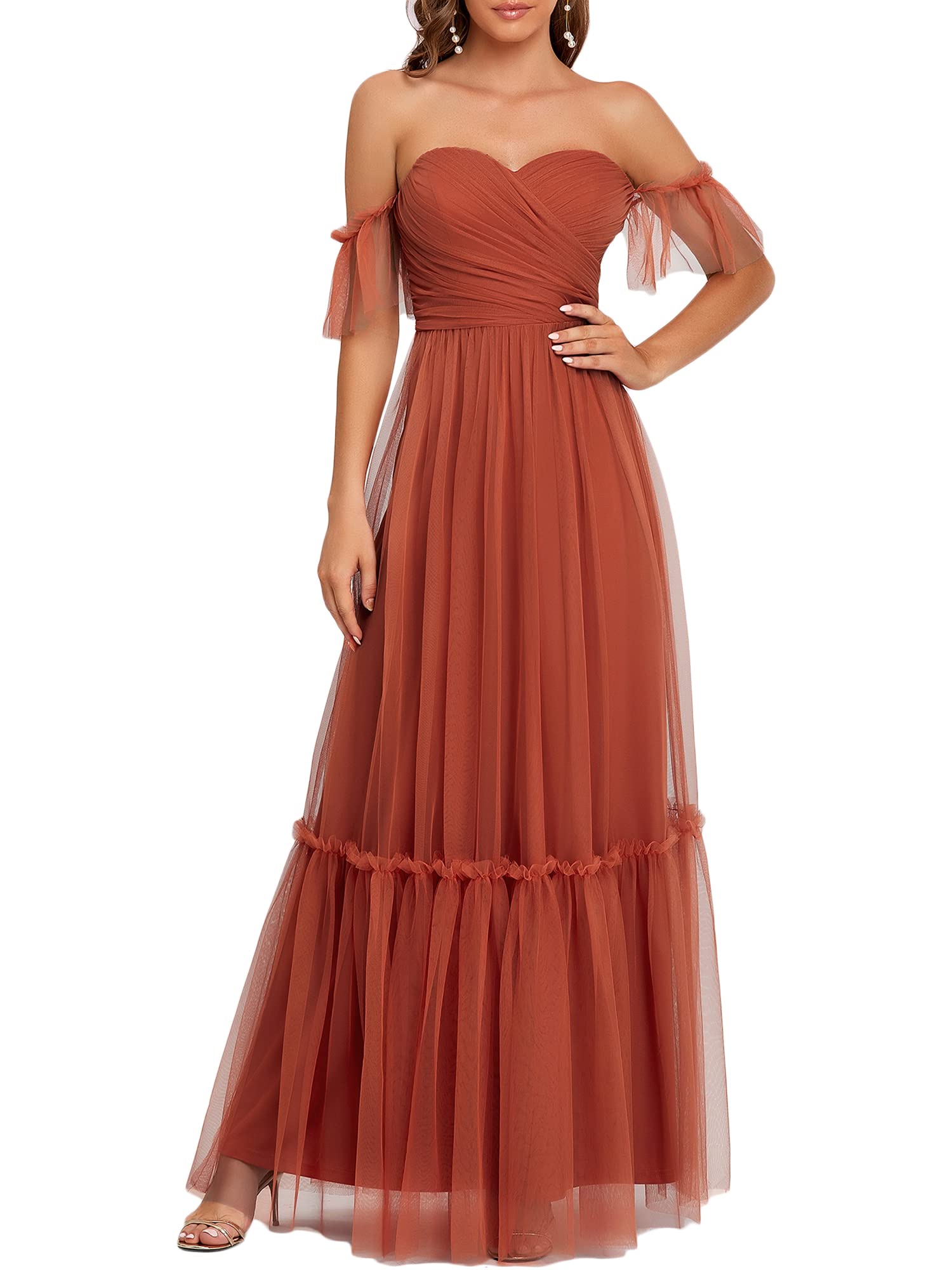 Women's Off-Shoulder Long Ruched Tulle Evening Dresses 50126