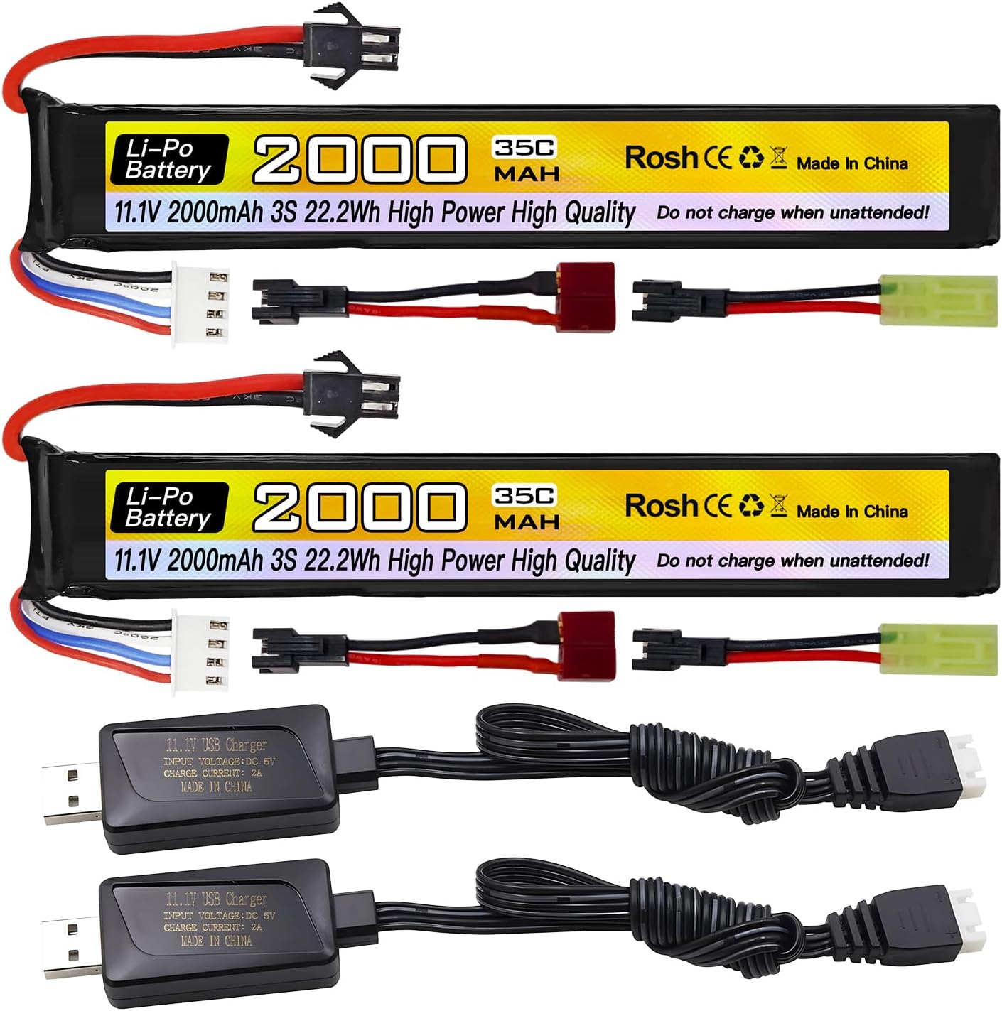sea jump 2PCS 11.1V 35C 2000mAh with SM-2P Plug T Plug Odamiya Plug Lithium Battery with USB Charging Cable for Air Gun Model Gun Rifle Remote Control Car Drone Battery