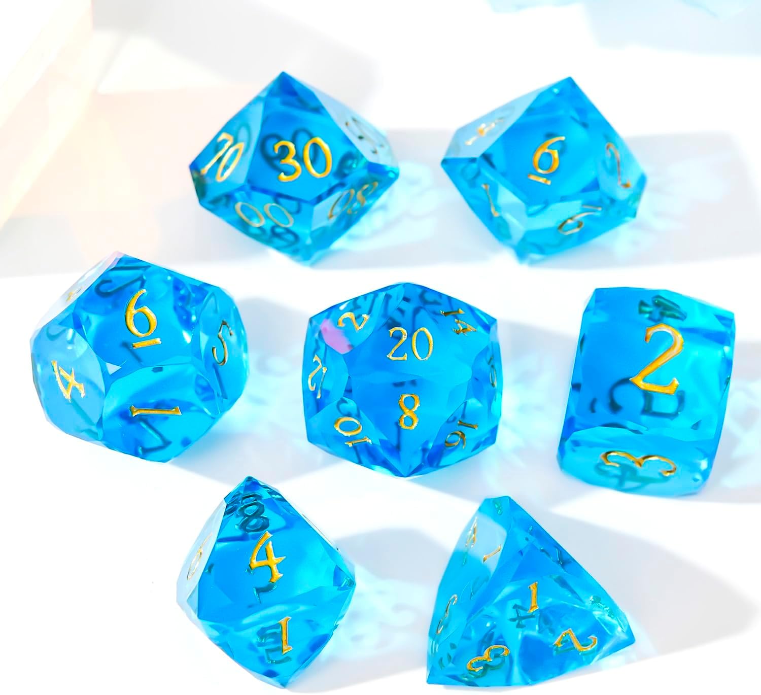 Multifaceted galss DND Dice Set 7 PCS – Transparent Polyhedral Role Playing Dice for Dungeons & Dragons, Pathfinder, RPG and Tabletop Games(Blue)