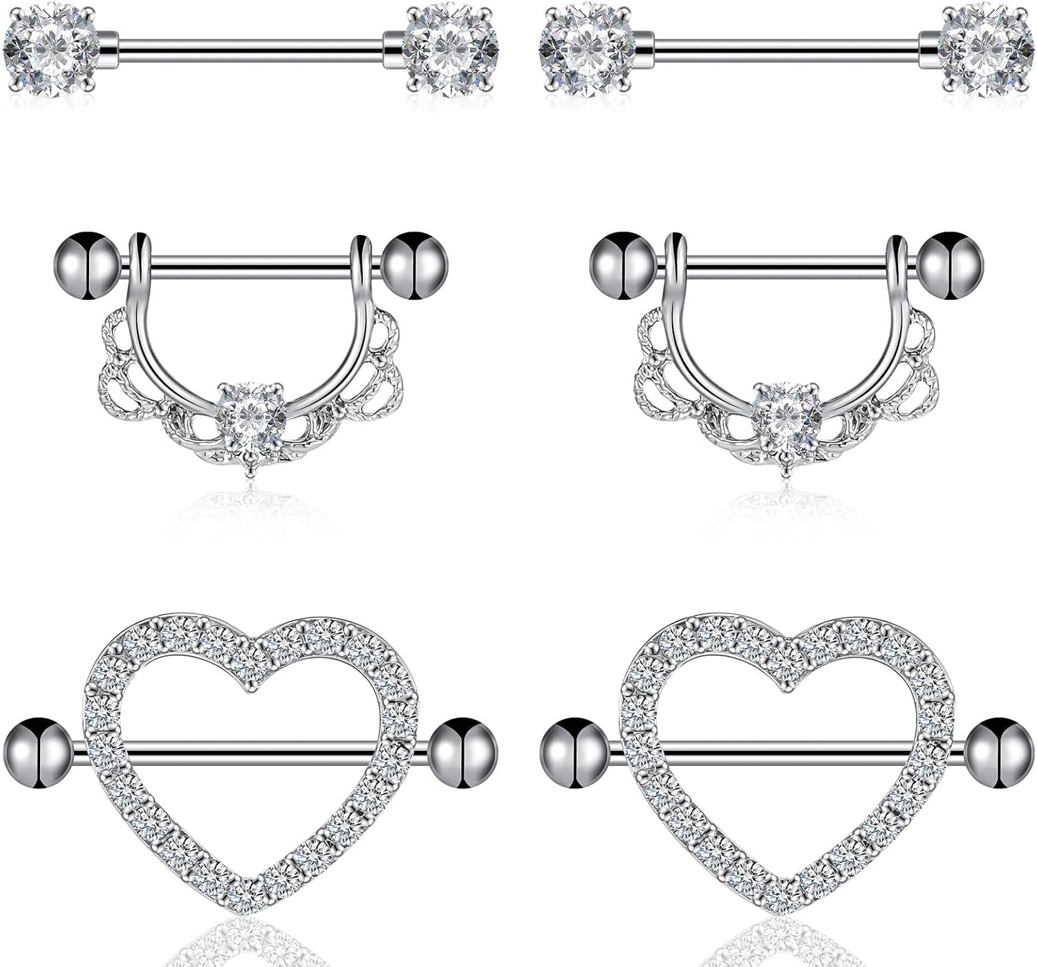 Firtink 3 Pair 14G Nipple Rings Nipple Bars Nipple Piercing Heart Shape