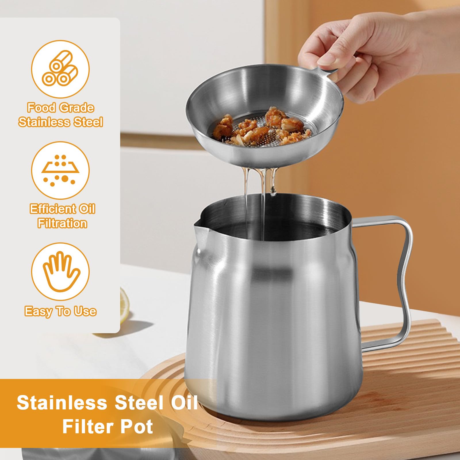 ANRUI Barattolo Contenitore Colino Olio da 2L, Contenitore per Grasso in Acciaio Inox con Colino a Maglia Fine e Cestino per Friggere, Adatto per Conservare Olio da Frittura e Grasso da Cucina