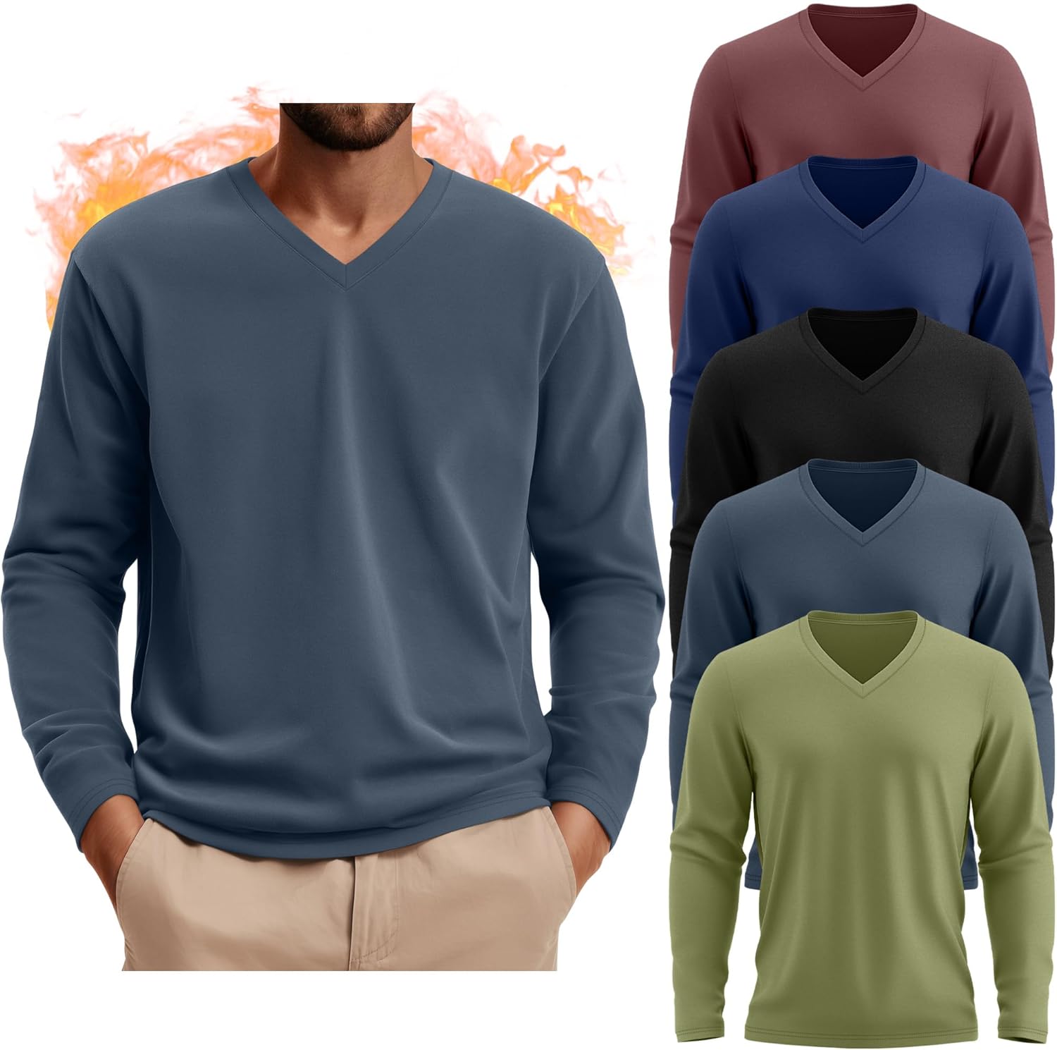 August Alley 5 Pack Thermal Long Sleeve Shirts for Men V Neck Fleece T Shirt Loose Fit Base Layer Sweatshirts Cold Weather