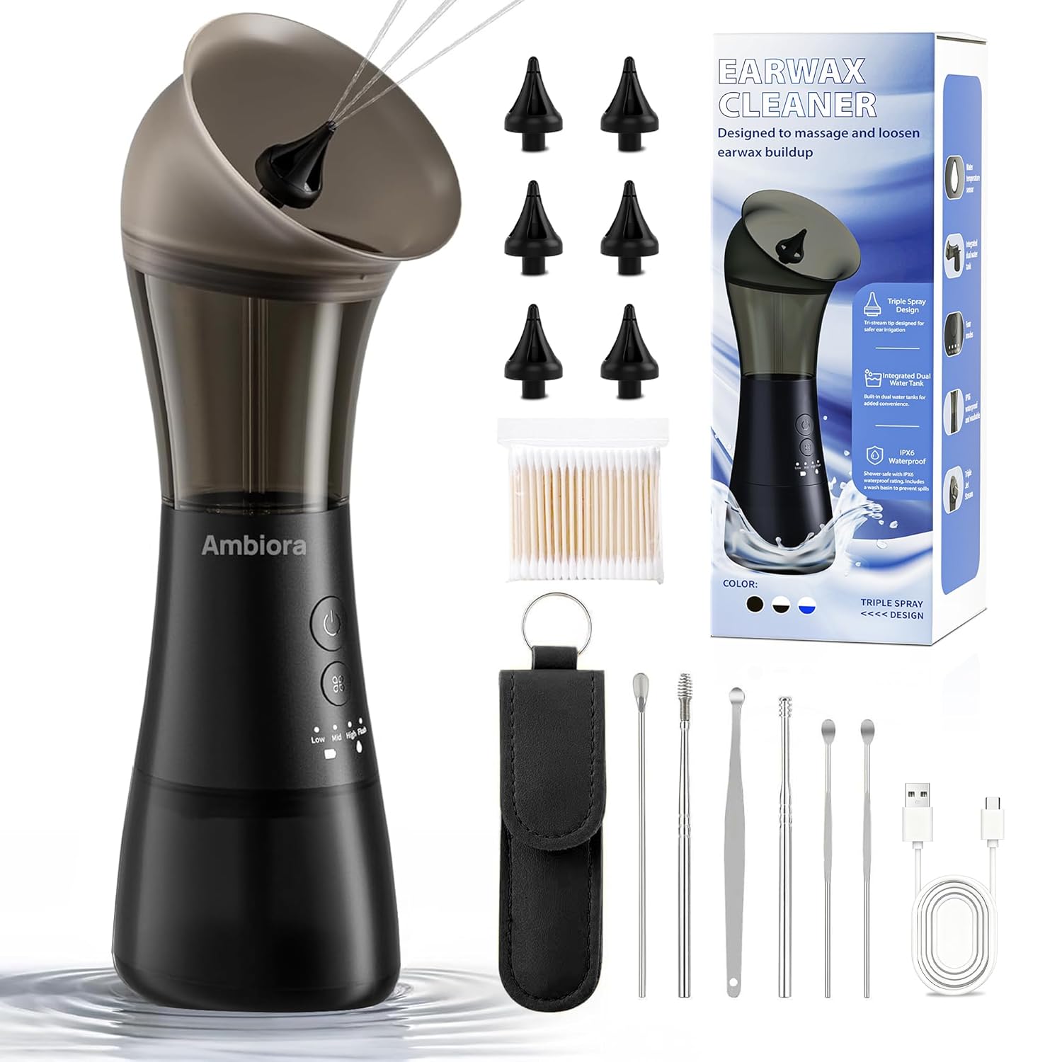 Ear Wax Removal with One-Piece Waste Tank, Ear Cleaner with Smart Temperature Sensor, Safe Silicone Edge, IPX7 & 6 Tips & 4 Modes, Christmas for Gifts for Dad Mom, Gifts for Men Women（Black）