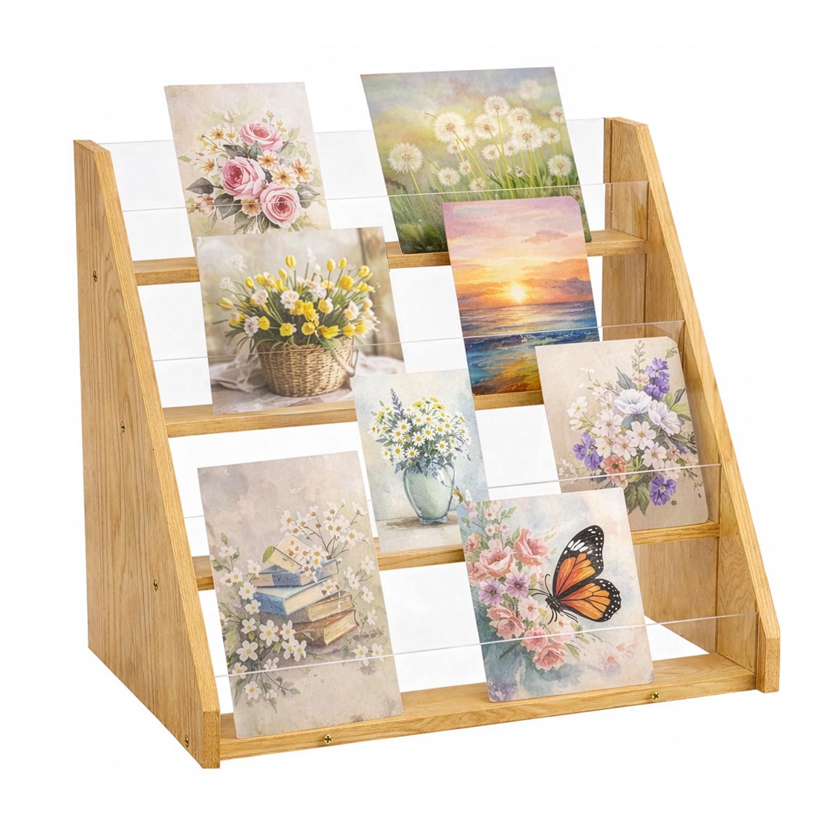 Sunnynest Yelow 4-Tier Card Display Stand For Greeting Cards, Wooden And Acrylic Display Rack For Craft Fairs, Postcards, Brochures, Photos – Multifunctional Card Stand For Home, Offic(34×22.5×31Cm)