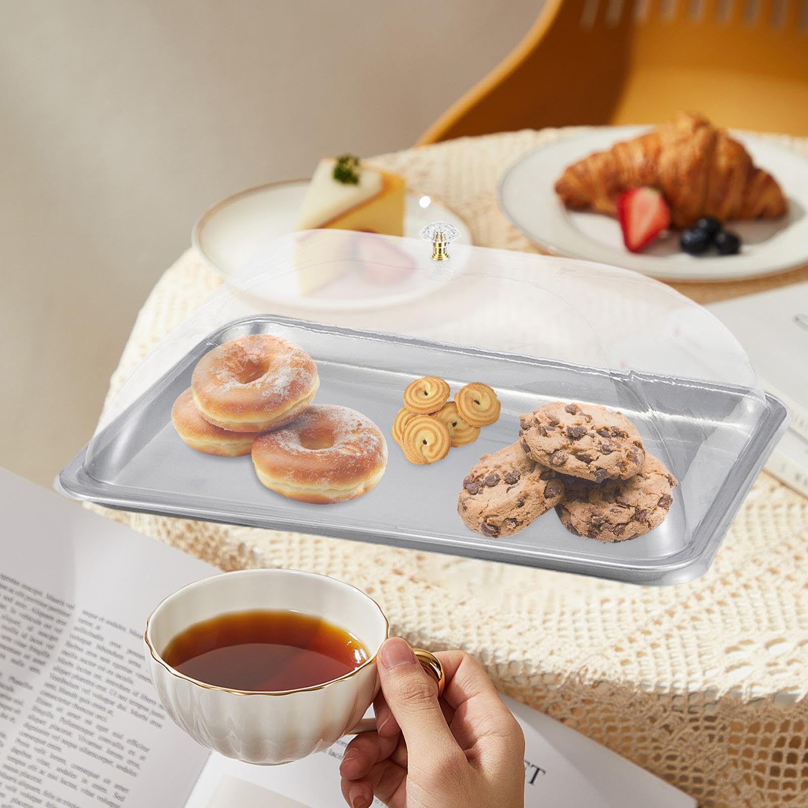 Vassoio Da Portata in Acciaio Inox, Piatto per Torta con Coperchio Trasparente, Vassoio Multifunzionale per Dessert E Snack, Ideale per Feste, 45x35x2 Cm
