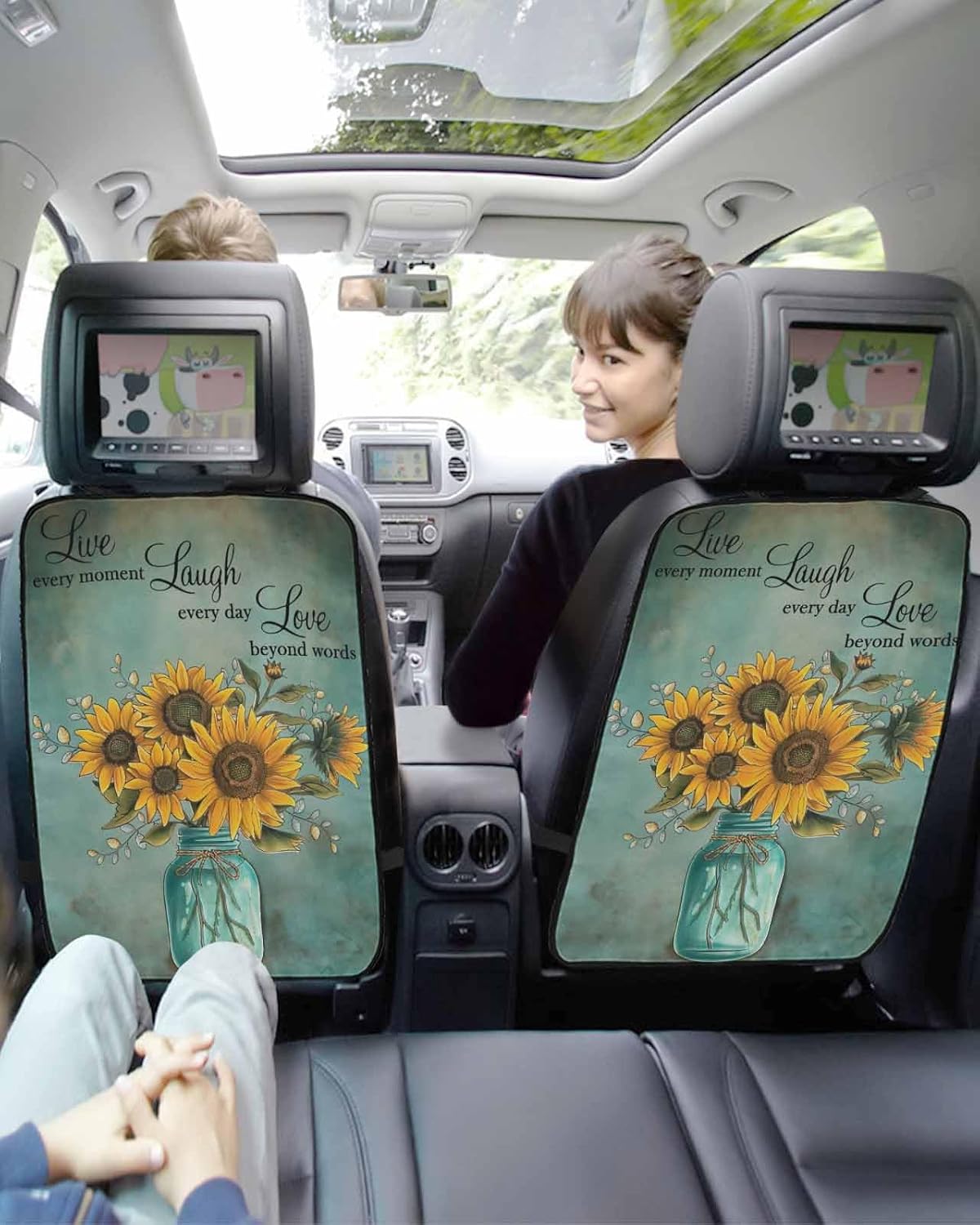 Car Seat Protector, 2 Pack Kick Mats Back Seat Protector Quote Live Simple Sunflowers Glass Vase Vintage Turquoise Waterproof Backseat Cover for Kids Universal Fit Automotive Interior Protectors