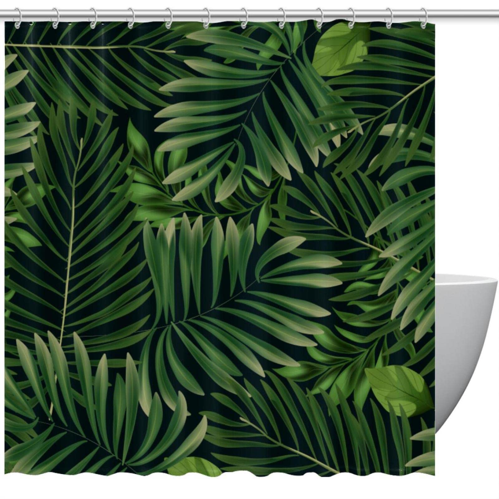 Rideau de douche vert foncé imperméable à motif tropical avec crochets d'installation