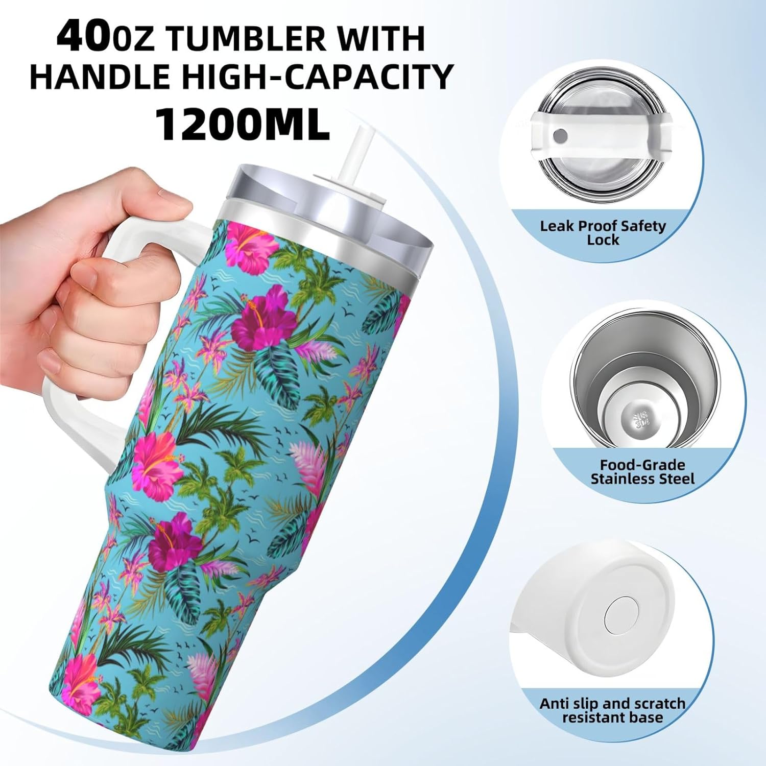 40 OZ Hello Hawaii Print Ice Bully Cup with Handle Straw Lid Straw,Stainless Steel Tumbler Coffee Cup