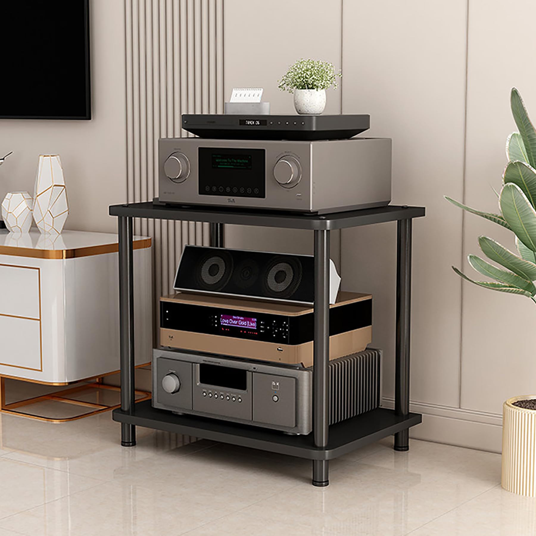 2-poziomowy stojak na audio, stojak na multimedia, stojak gramofonowy i szafka stereo z metalową ramą, stojak do przechowywania sprzętu audio i wideo, konsola środkowa rozrywki do małych pomieszczeń