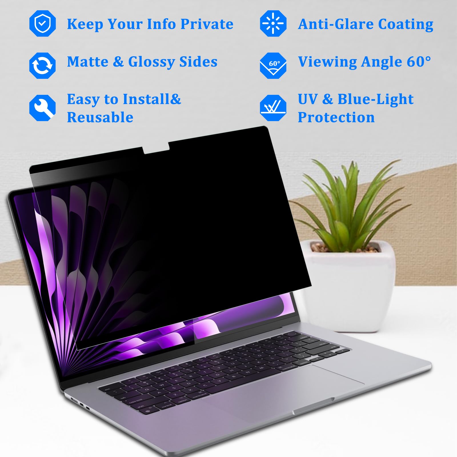 LanQii Magnetyczny filtr prywatności do MacBook Air 15" M2/M3 (2023/2024), filtr prywatności, filtr antyodblaskowy, ochrona danych, zdejmowana folia ochronna antyszpiegowska do MacBook Air 15 cali